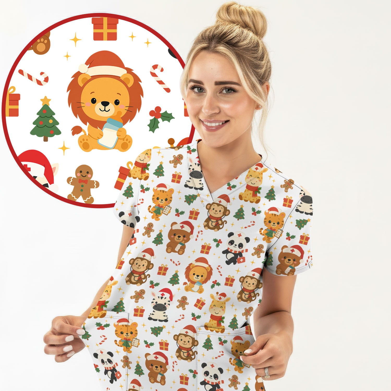 Funny Christmas Nurse Scrub Top - Adorable Safari Animal Pattern - Cute Festive Gift for Women RN LPN CNA