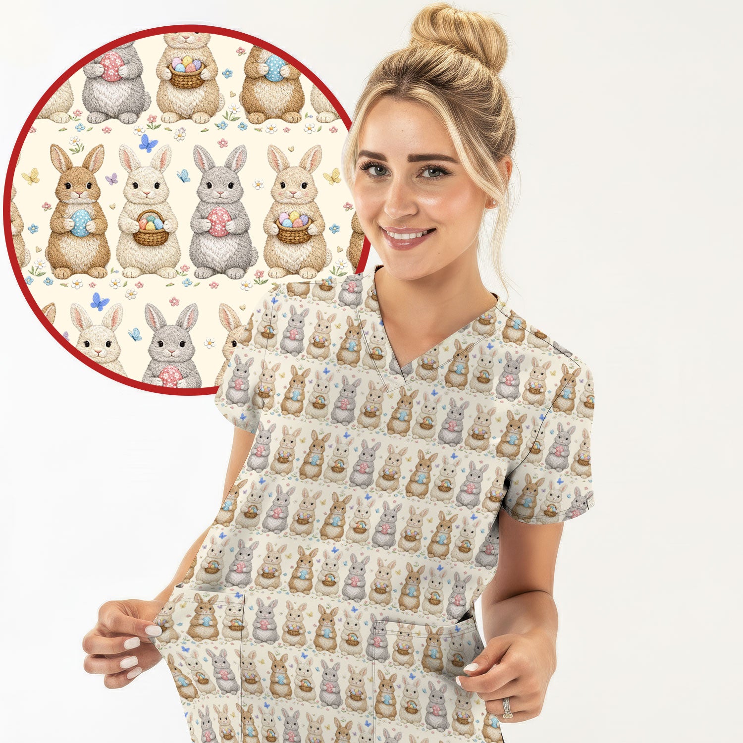 Easter Bunny Basket Pastel Print Scrubs Nurses, Breathable Fabrics Nursing Uniform