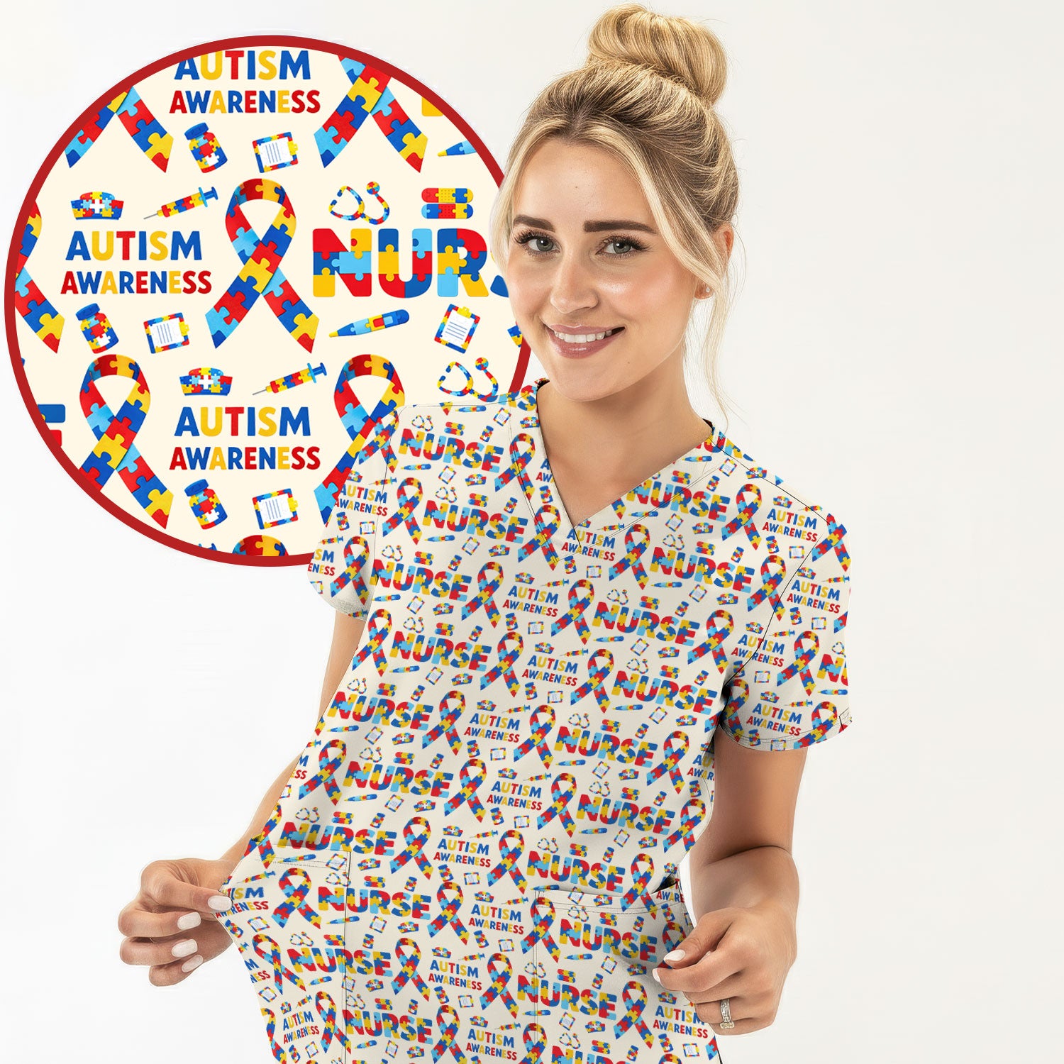Autism Awareness Nurse Puzzle Ribbon Print Scrubs, Comfortable Scrubs for Nurses