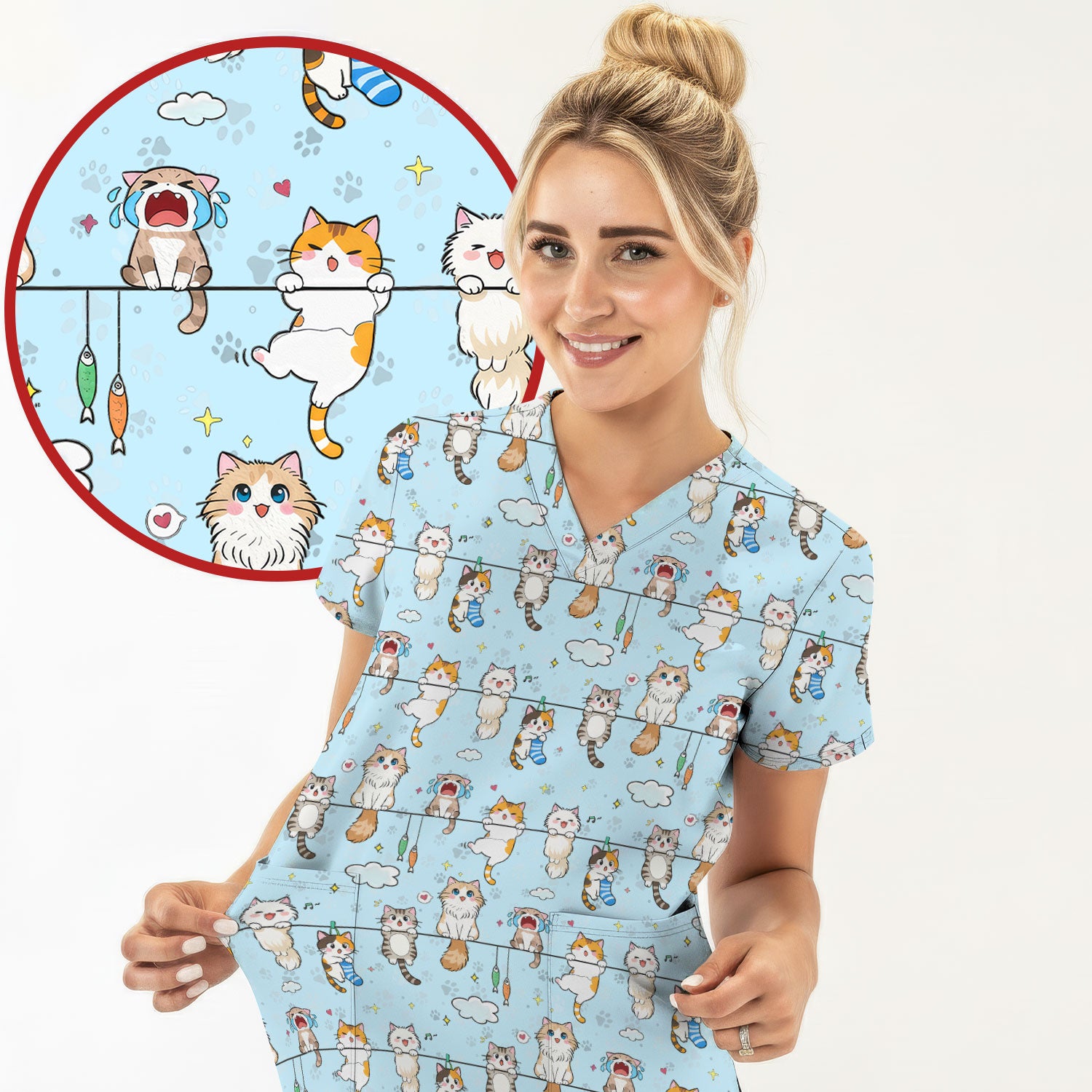 Funny Cats With Cute Expressions Pattern Scrubs Top, Comfortable Scrubs for Nurses
