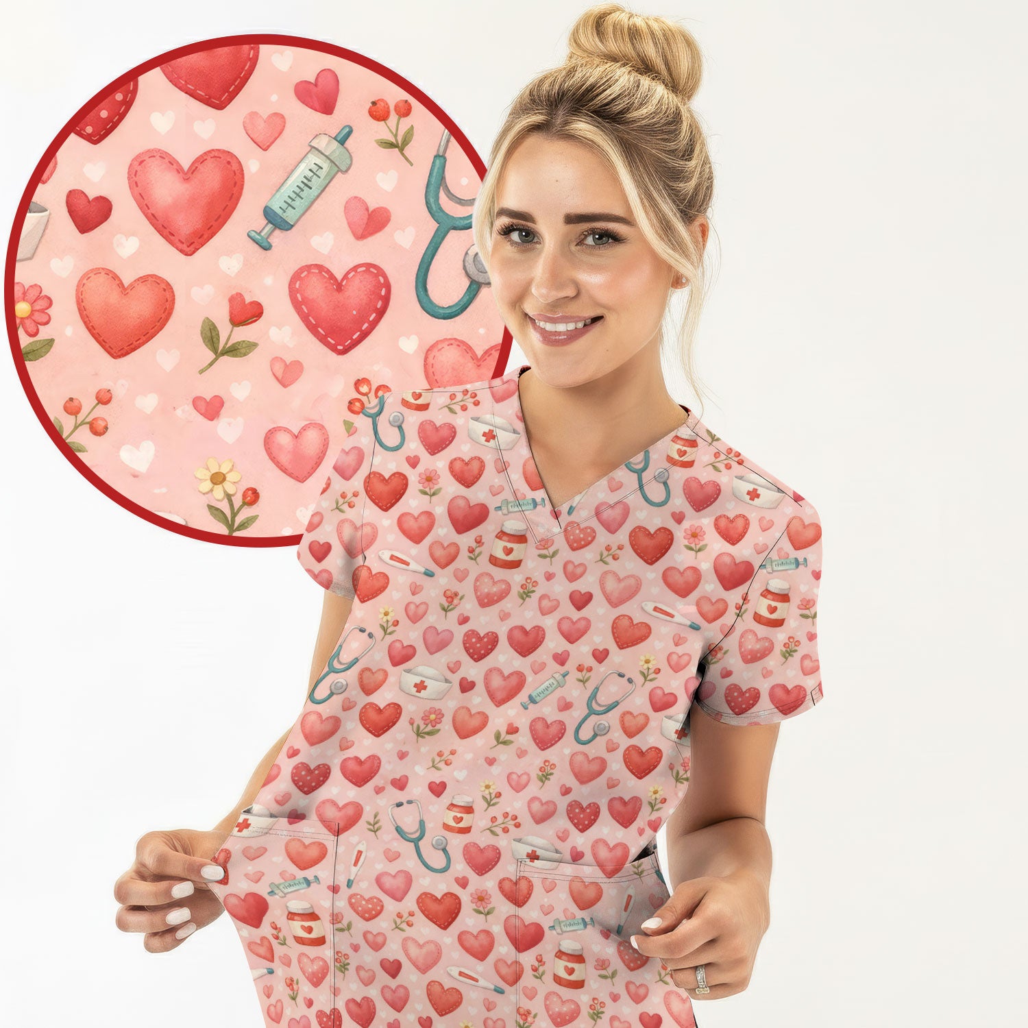 Cute Medical Heart Pattern Scrub Top, Valentine Nurse Scrub Shirt, Breathable Fabrics Nursing Uniform