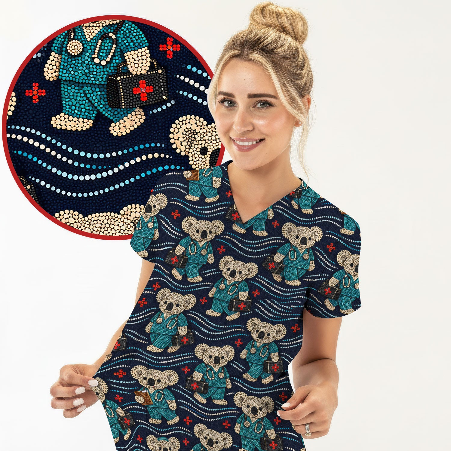 Aboriginal Dot Art Pattern Nurse Scrub Top, Koala Medical Shirt For Women, Breathable Fabrics Nursing Uniform