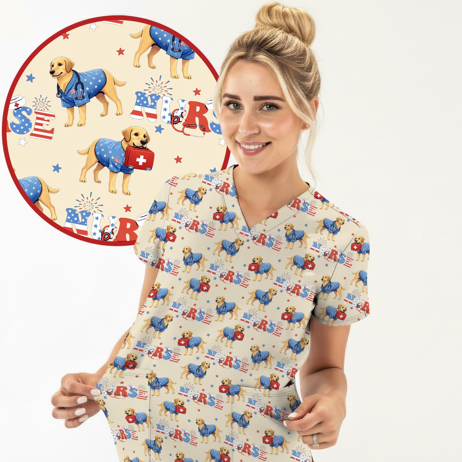 Patriotic Nurse Dog Medical Pattern Scrub Top, Breathable Fabrics Nursing Uniform