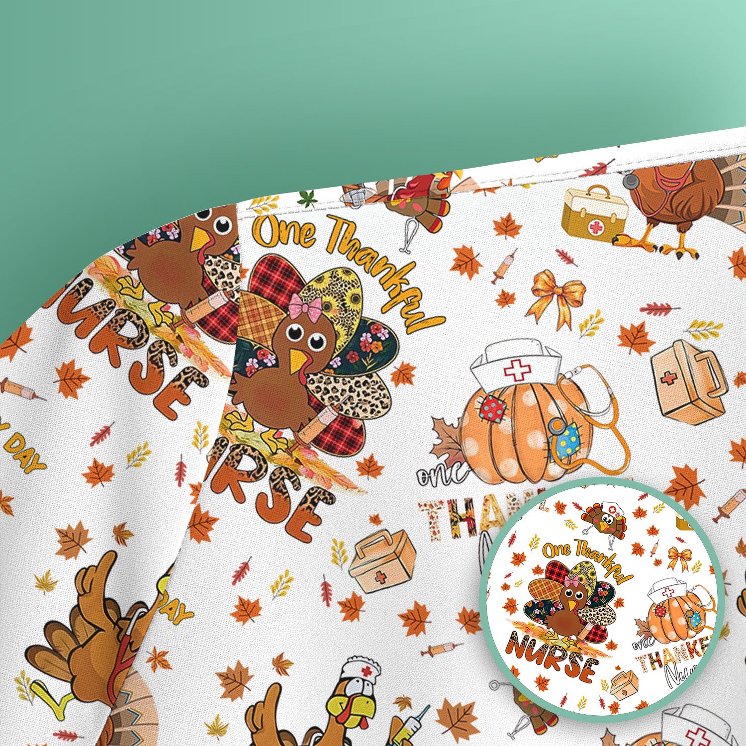 Thanksgiving Nurse Shirt for Women - Turkey Pumpkin Scrub Top for Nurses - Fall Med Uniform for RN CNA LPN