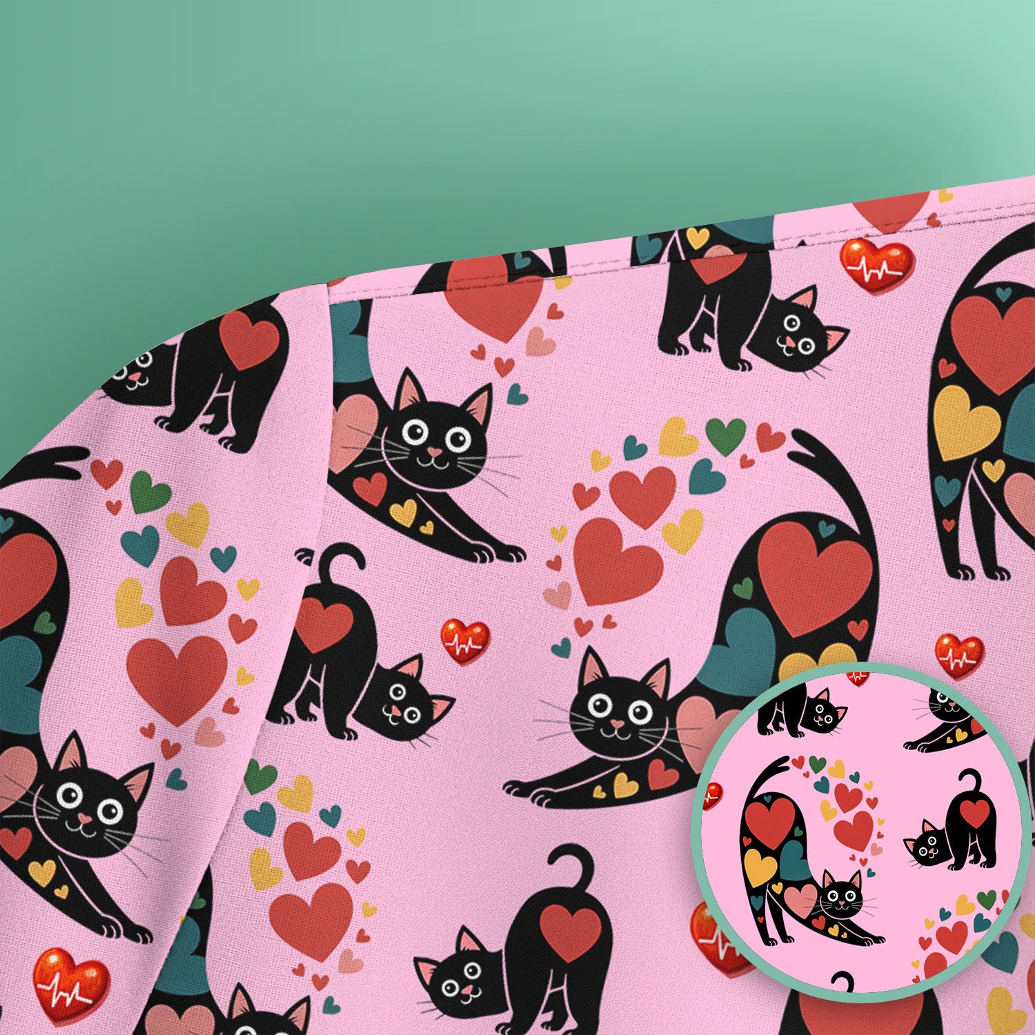 Playful Cat Valentine Heart Print Nurse Scrub Top, Comfortable Scrubs for Nurses
