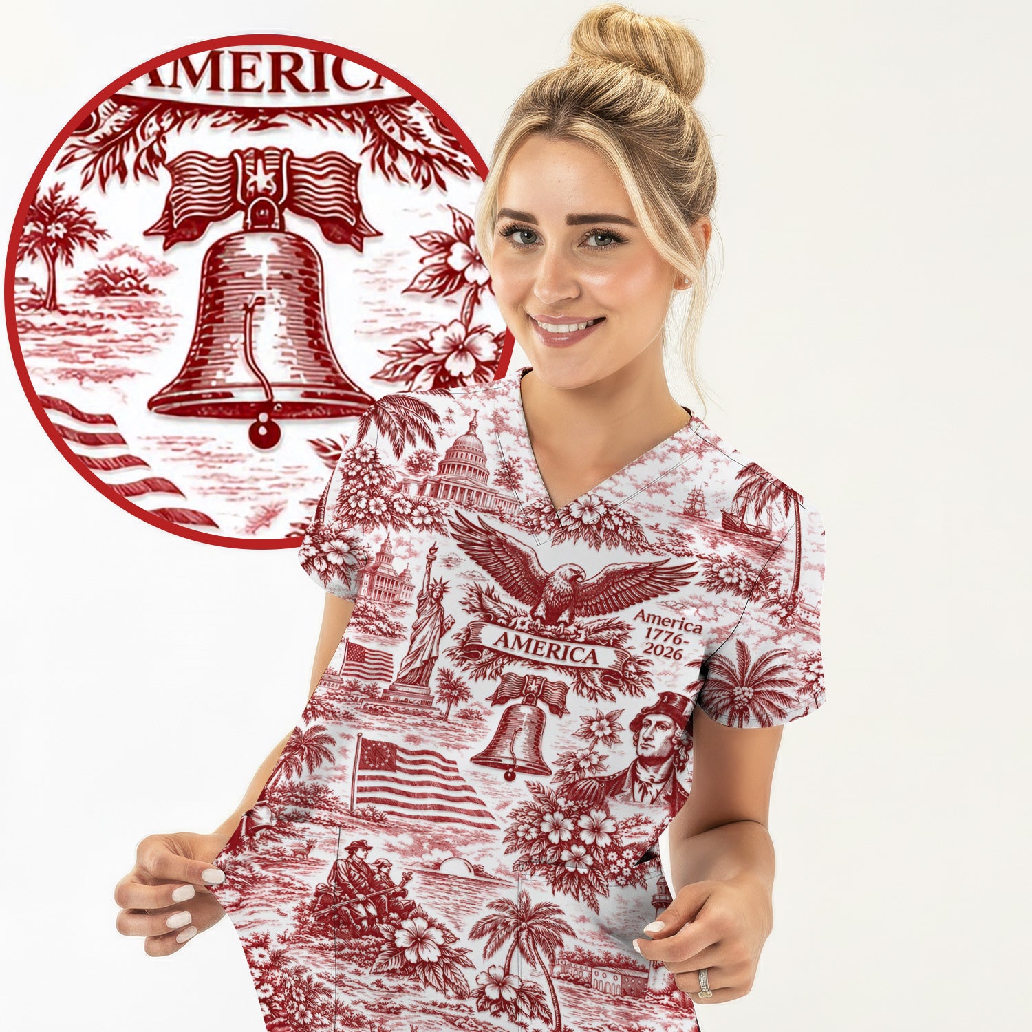 Patriotic America Heritage Toile Pattern Scrub Top, Breathable Fabrics Nursing Uniform
