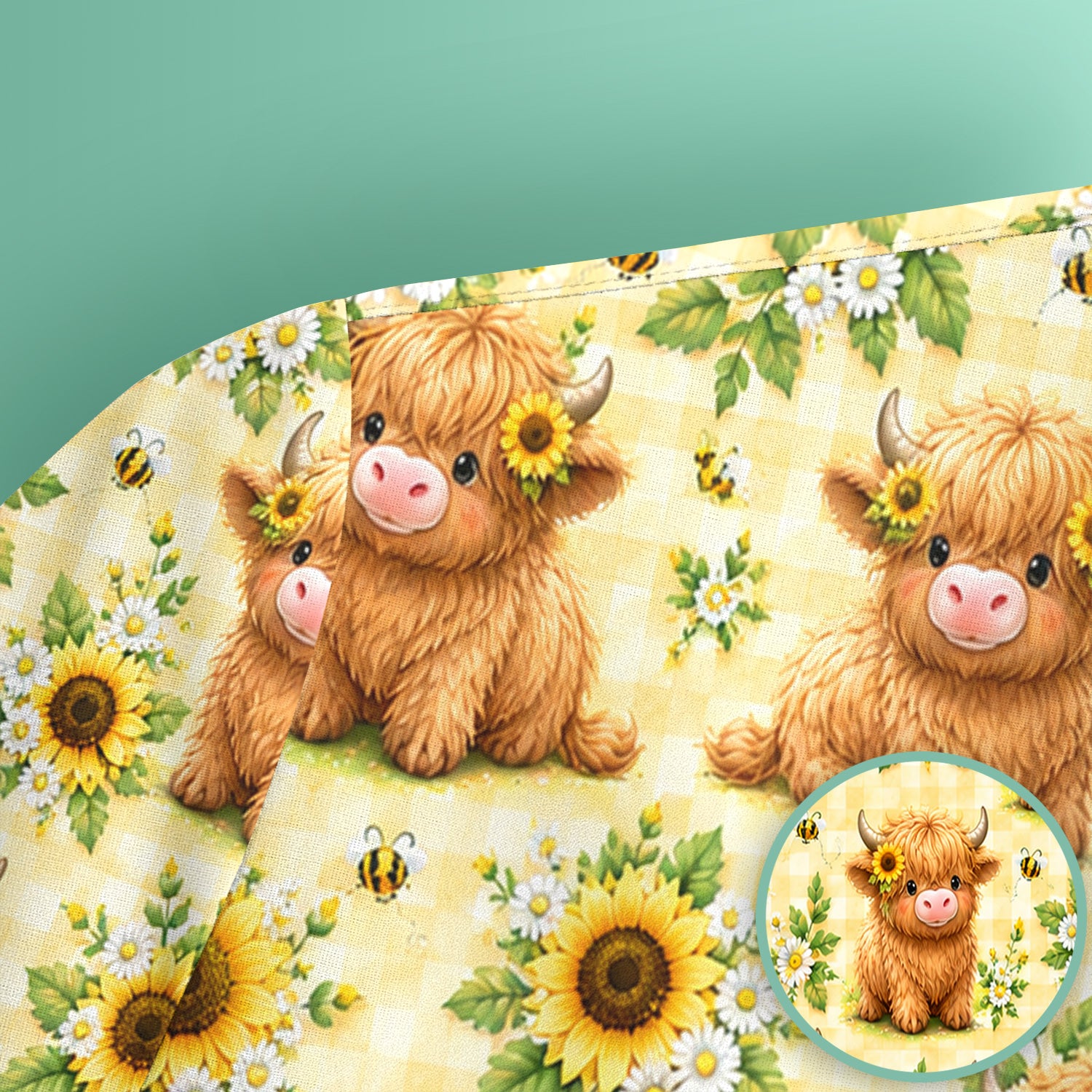 Sunflower Highland Cow And Bee Pattern Scrub Top, Comfortable Scrubs for Nurses