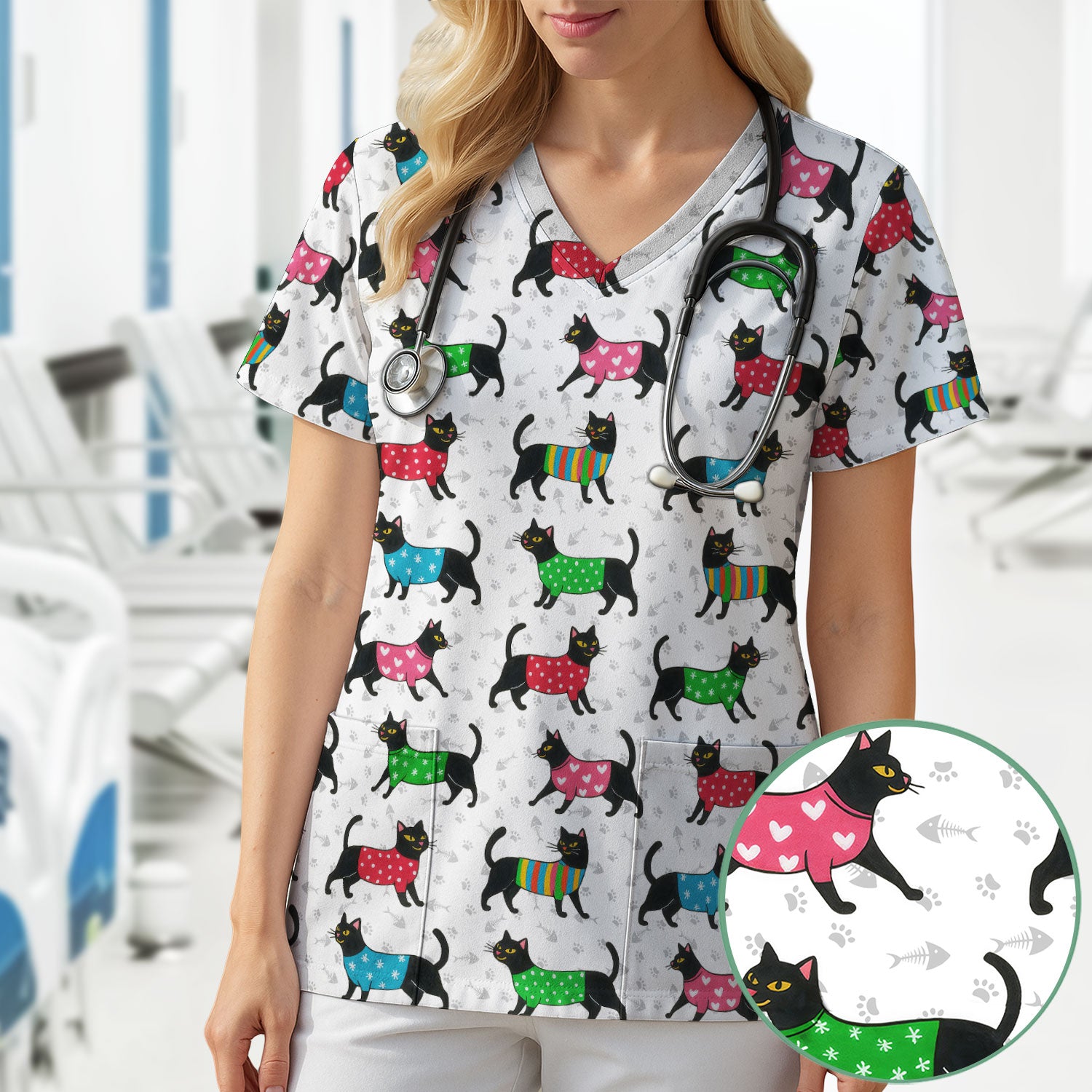 Cute Cat Scrub Top - Black Kitty Print Nurse Shirt - Fun Animal Medical Scrubs Gift for Women CNA RN Doctor