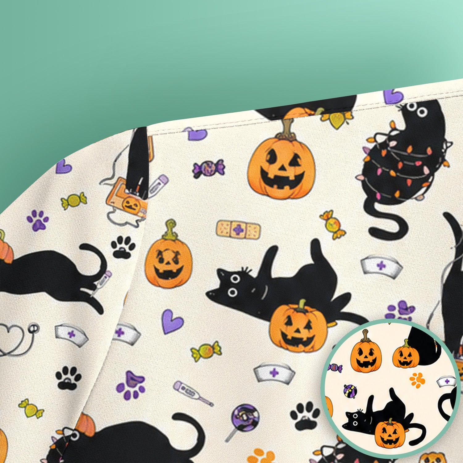 Pumpkin Black Cat Pattern Scrub Top, Comfortable Scrubs for Nurses
