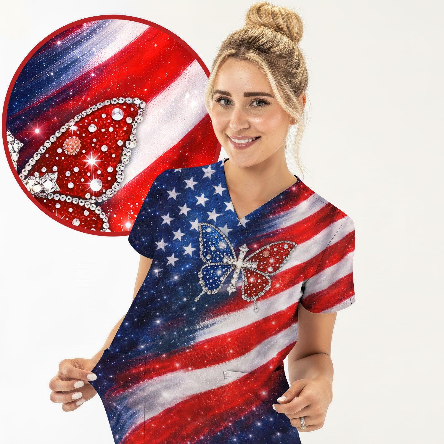 USA Flag Glitter Butterfly Rhinestone Pattern Scrubs Top, Breathable Fabrics Nursing Uniform