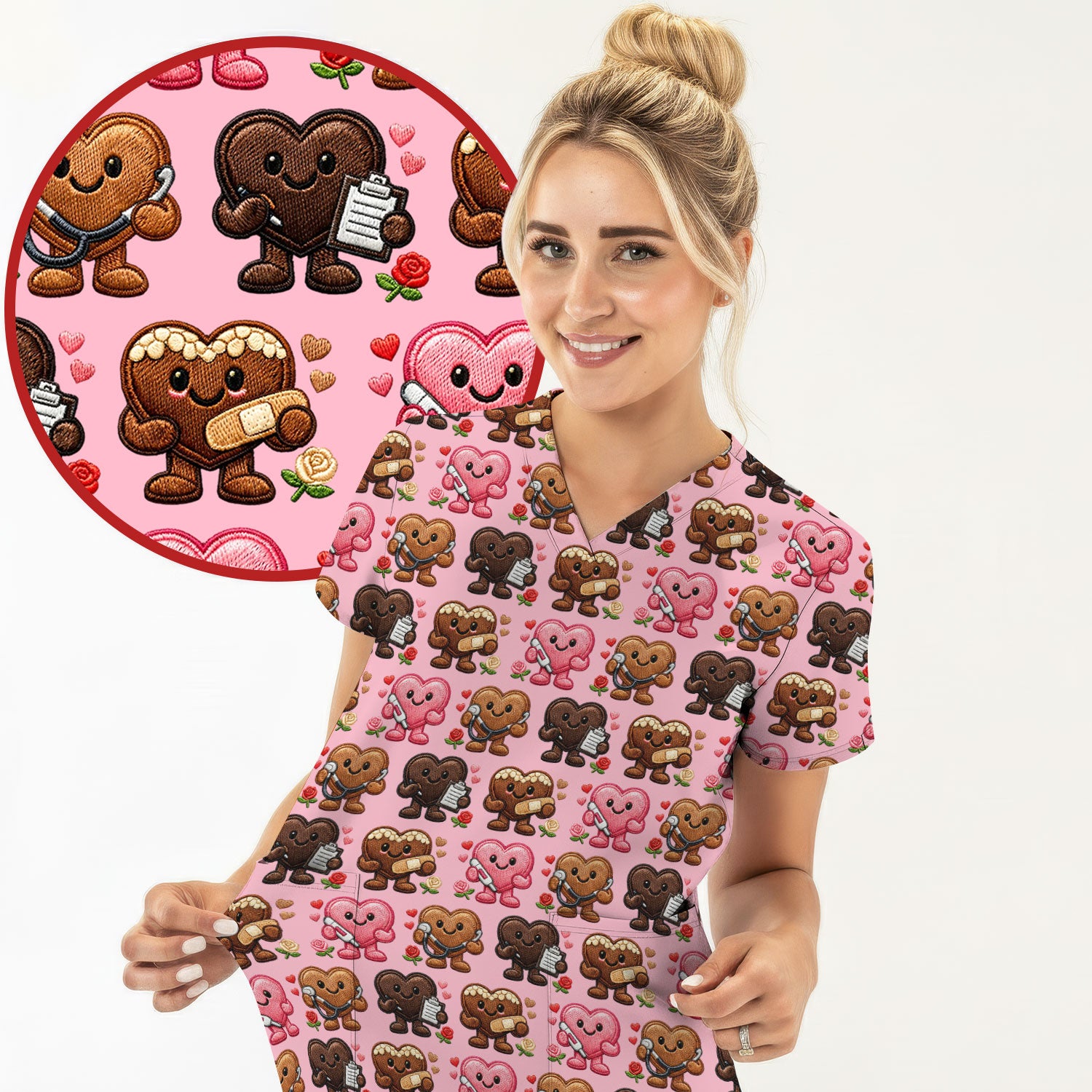 Valentine Heart Nurse Scrub Top, Cute Medical Love Pattern Shirt, Breathable Fabrics Nursing Uniform