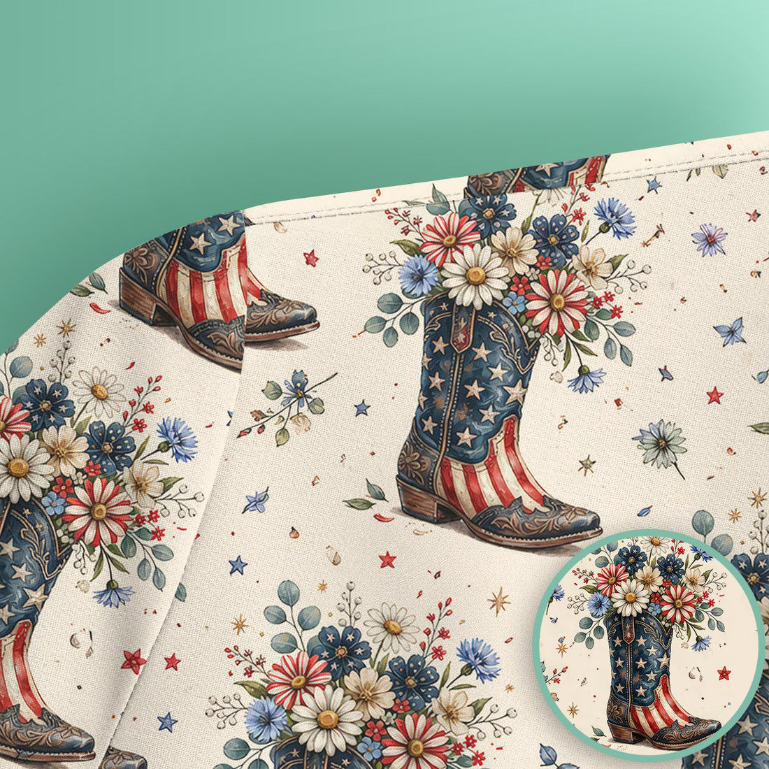 Festive Patriotic Cowboy Boots Flower Pattern Scrub Top, Comfortable Scrubs for Nurses