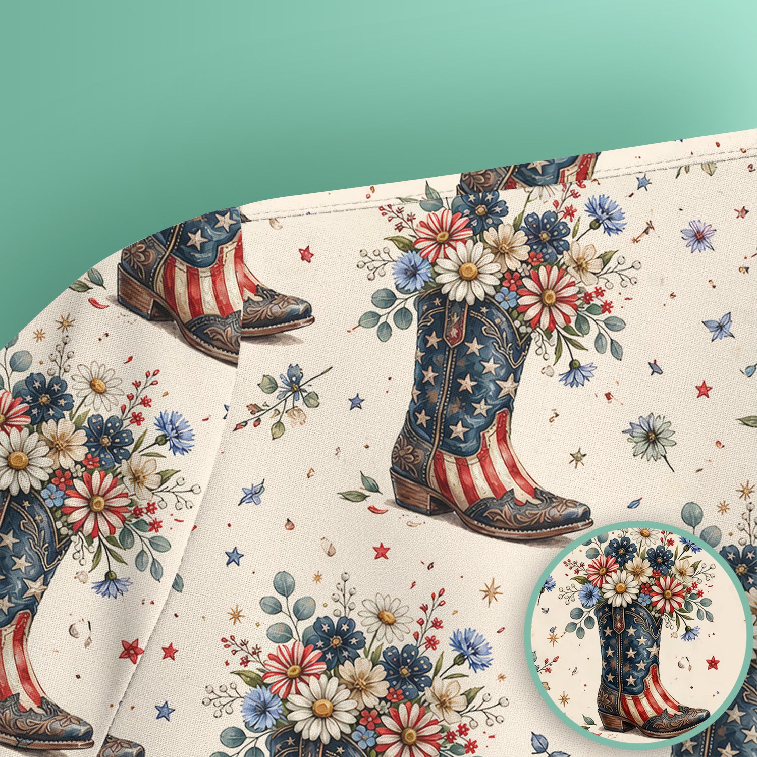 Festive Patriotic Cowboy Boots Flower Pattern Scrub Top, Comfortable Scrubs for Nurses