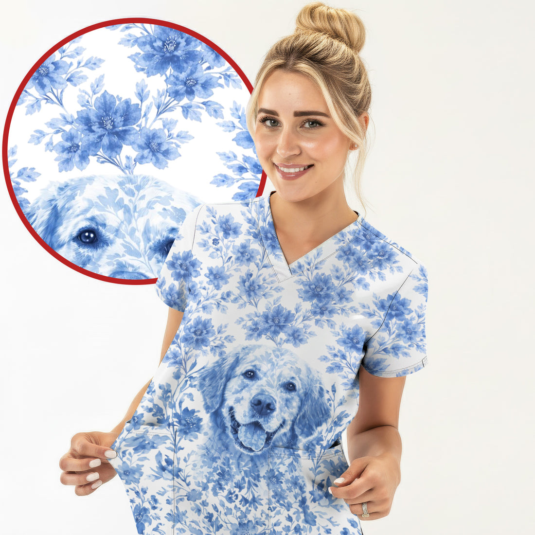 Personalized Pet Photo Floral Scrub Top, Breathable Fabrics Nursing Uniform