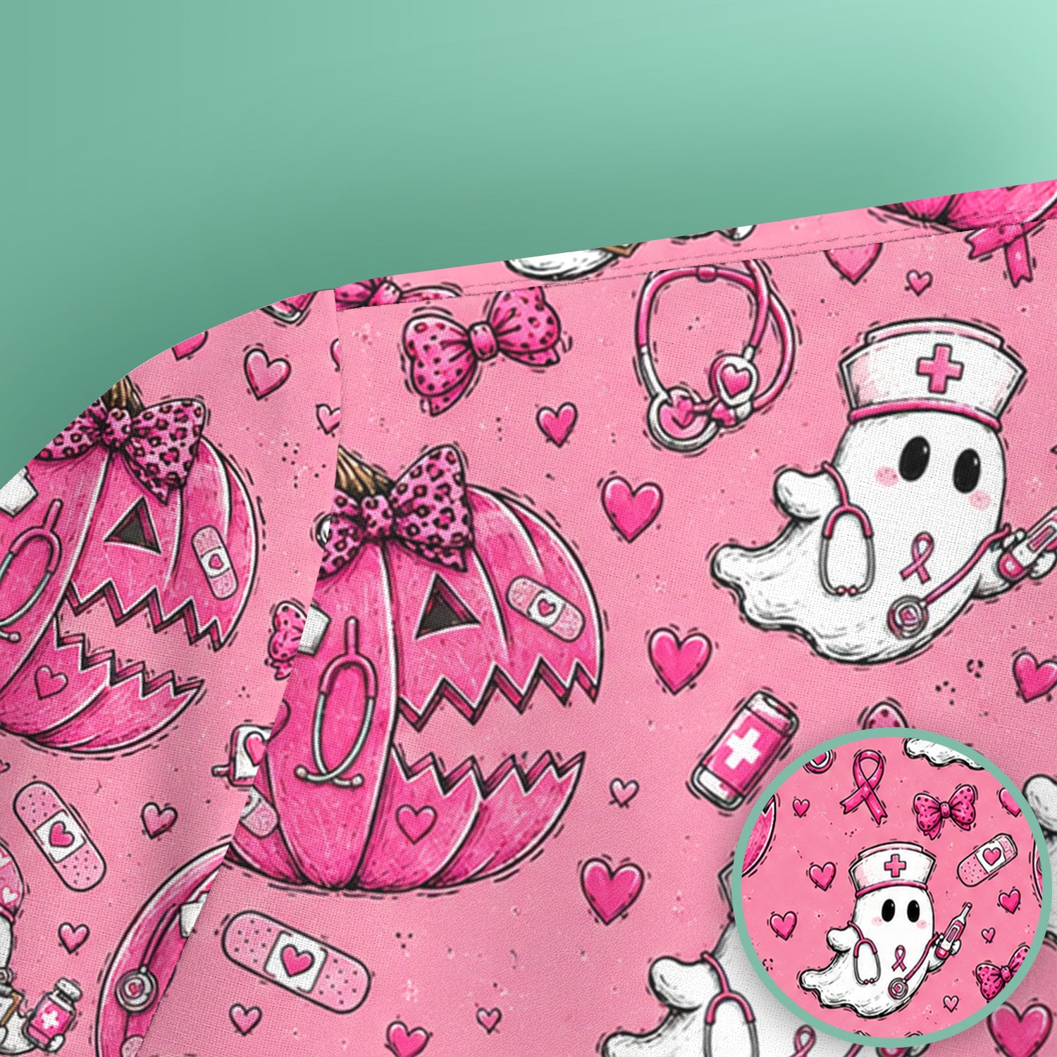 Pink Ribbon Ghost Pattern Scrub Top, Comfortable Scrubs for Nurses