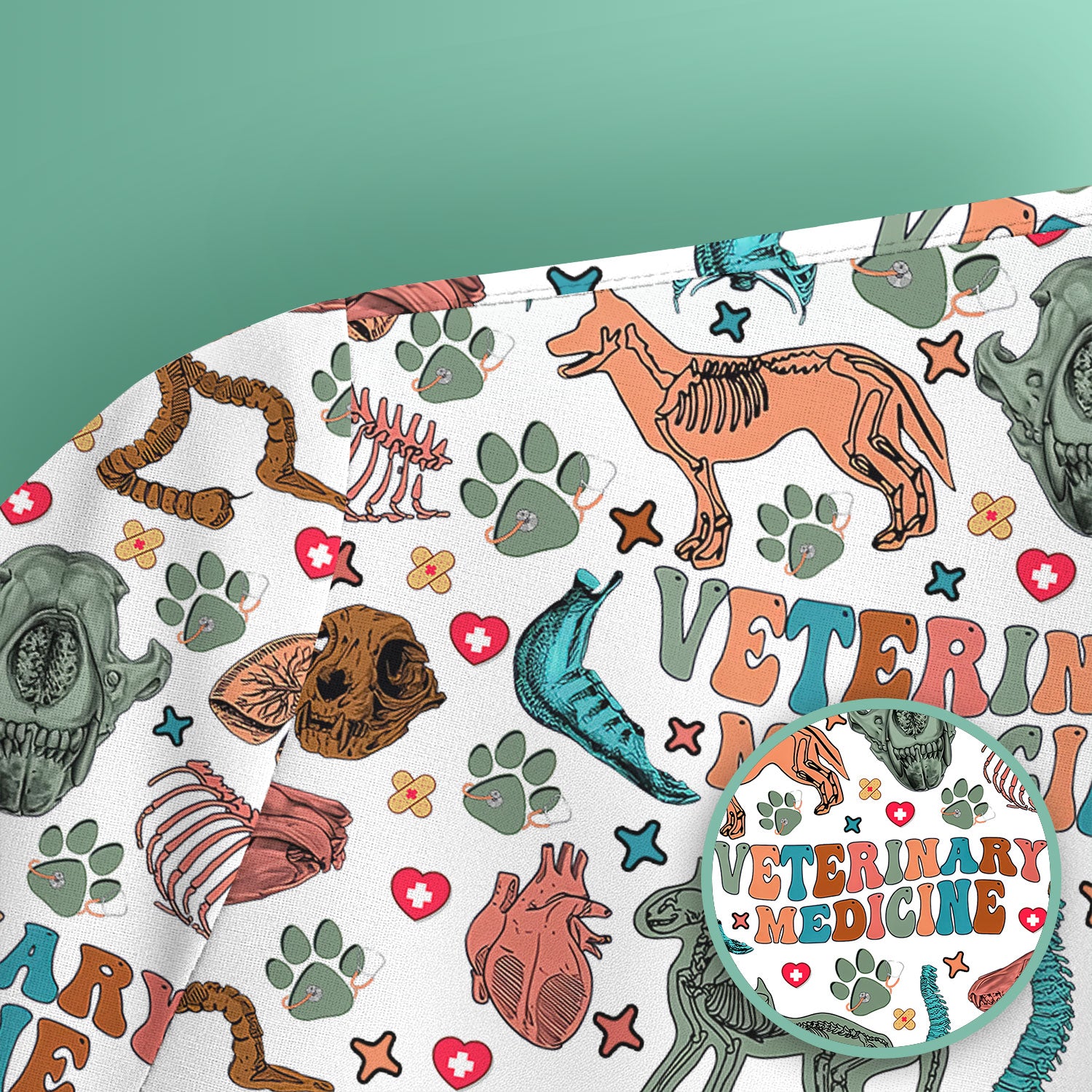 Veterinary Medicine Scrub Top - Cute Animal Anatomy Pattern Medical Shirt - Fun Vet Tech Nurse Scrubs for Women