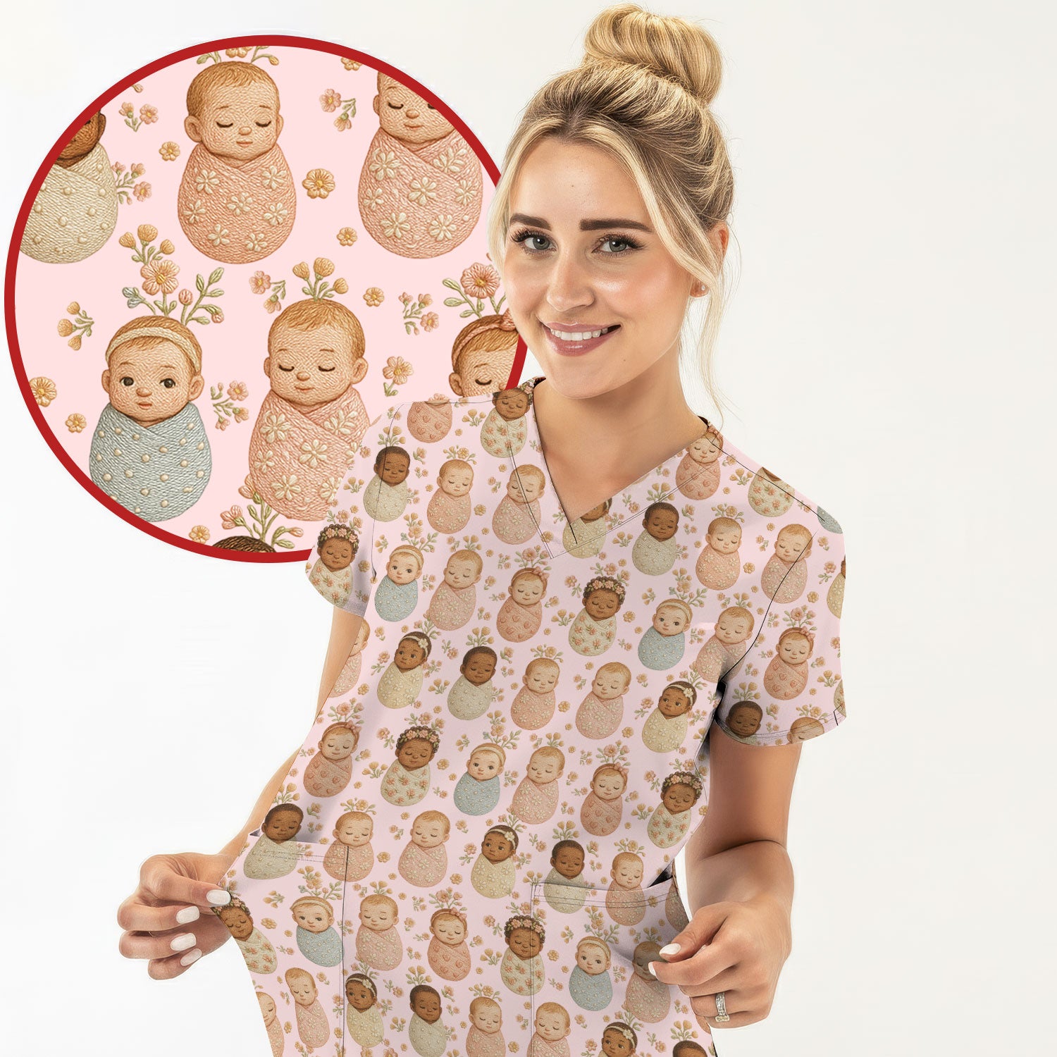 Sweet Newborn Baby Floral Print Nurse Scrub Top, Comfortable Scrubs for Nurses