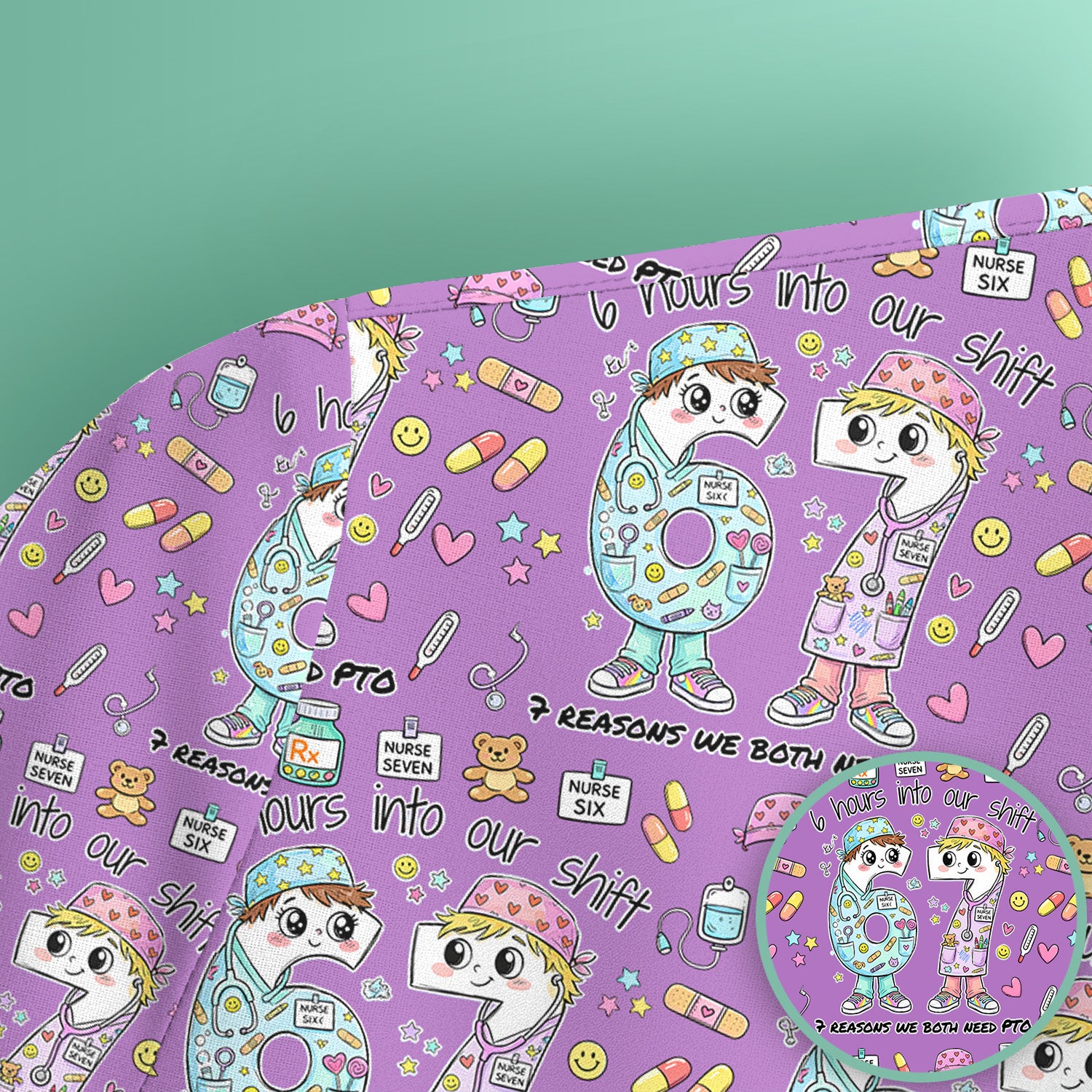Cartoon Characters Six Hours Into Shift With Medical Doodle Scrub Top, Breathable Fabrics Nursing Uniform