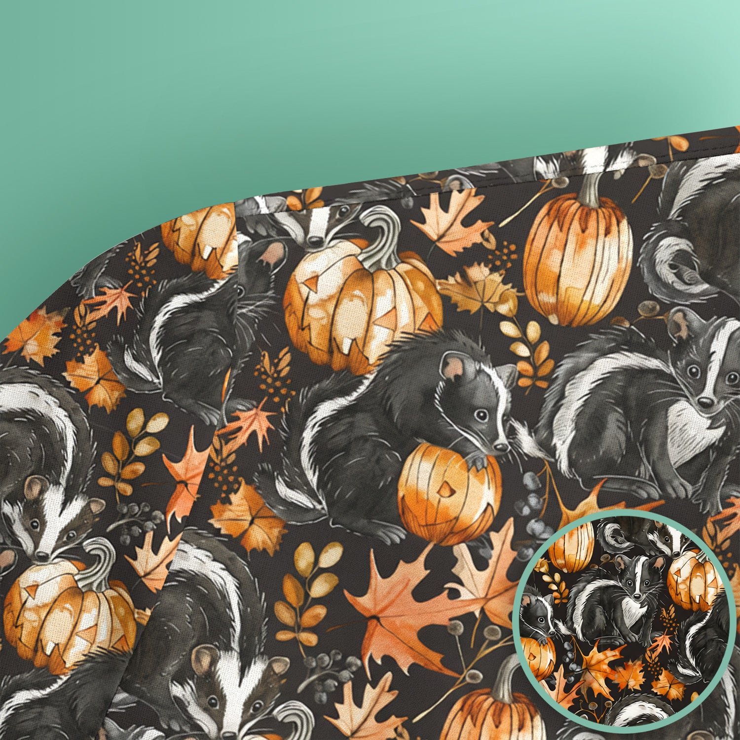 Skunk Pumpkin with Autumn Leaves Pattern Scrub Top, Comfortable Scrubs for Nurses