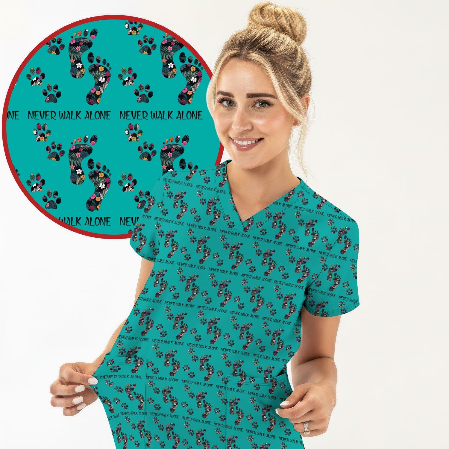 Never Walk Alone Scrub Top, Floral Paw Print Medical Scrub Shirt for Nurses, Vet Techs And Healthcare Workers