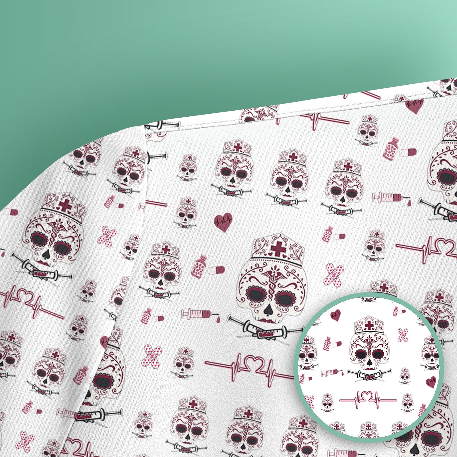 Sugar Skull Scrub Top, Skull Pattern Scrub Shirt, Breathable Fabrics Nursing Uniform