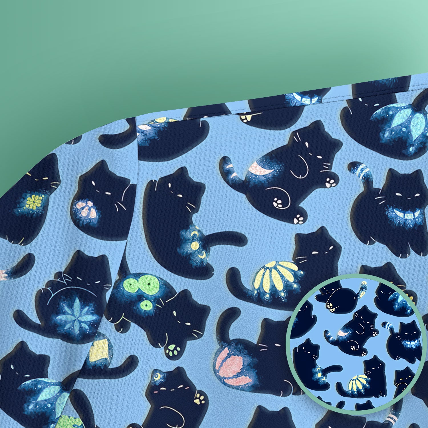 Midnight Cat Scrub Top, Black Cat Pattern Nurse Shirt, Breathable Fabrics Nursing Uniform