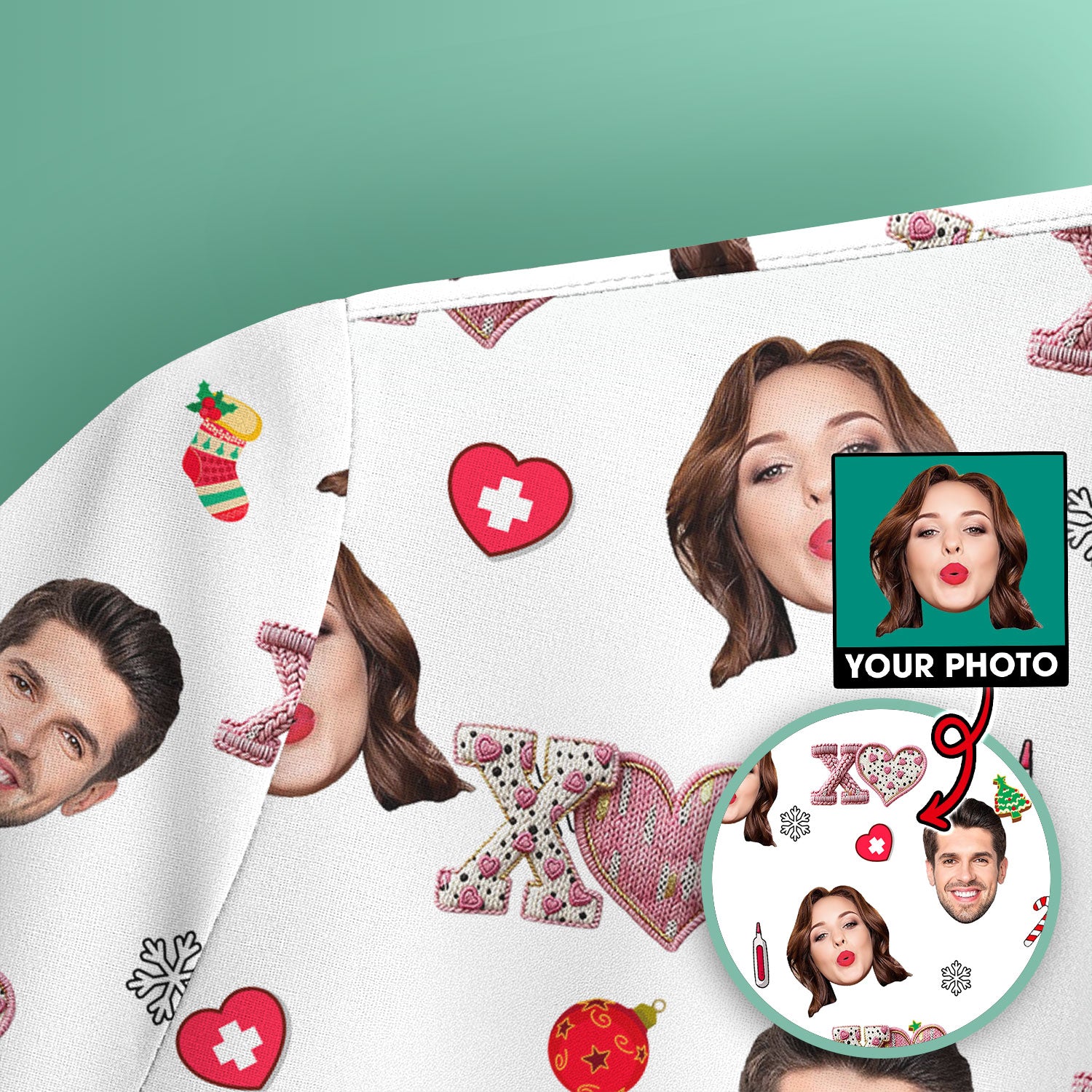 Custom Face Pattern XOXO Scrub Shirt, Personalized Photo Scrub Top, Breathable Fabrics Nursing Uniform
