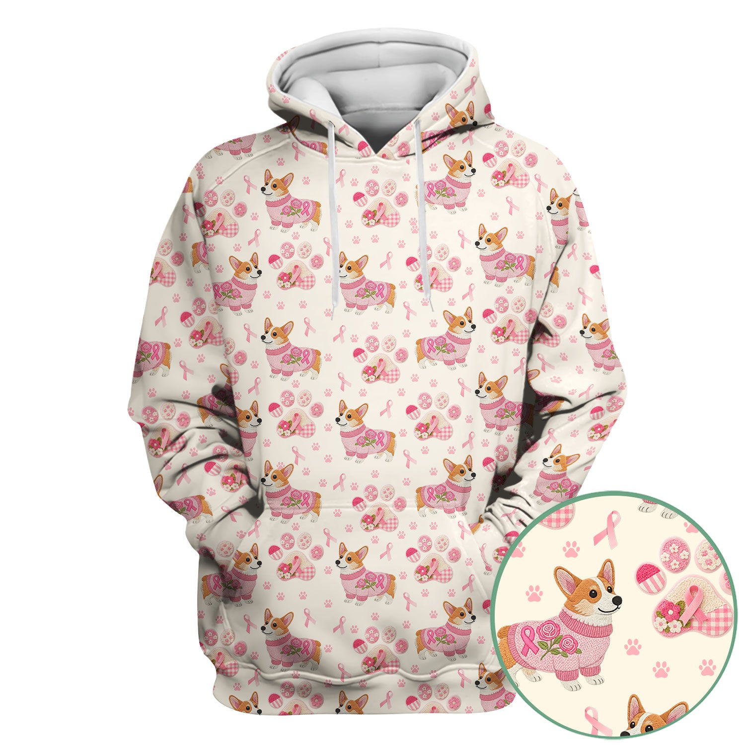 Floral Corgi Scrub Top for Women - Cute Dog Paw Print with Pink Ribbon Shirt - Breast Cancer Awareness October Gift