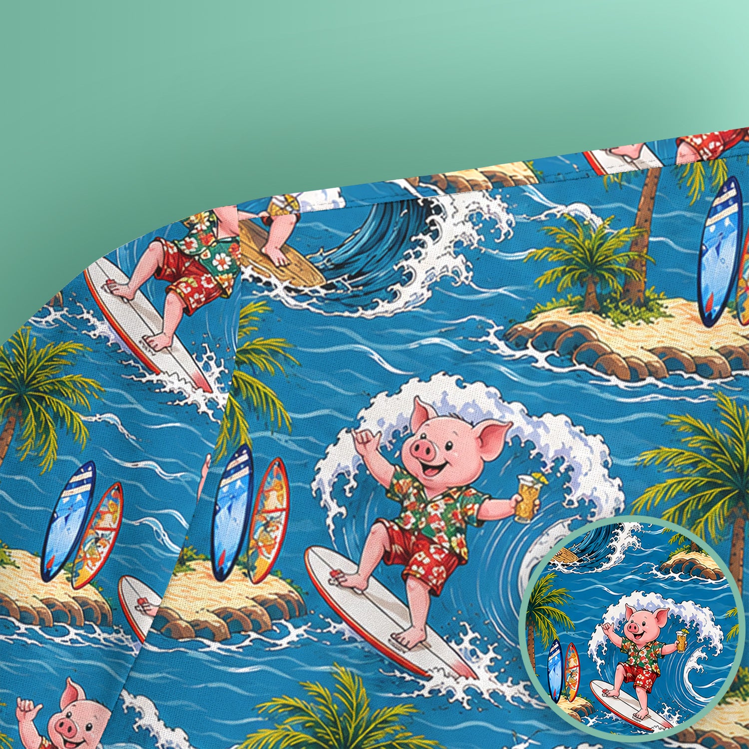 Tropical Surfing Pig Island Pattern Scrub Top, Comfortable Scrubs for Nurses