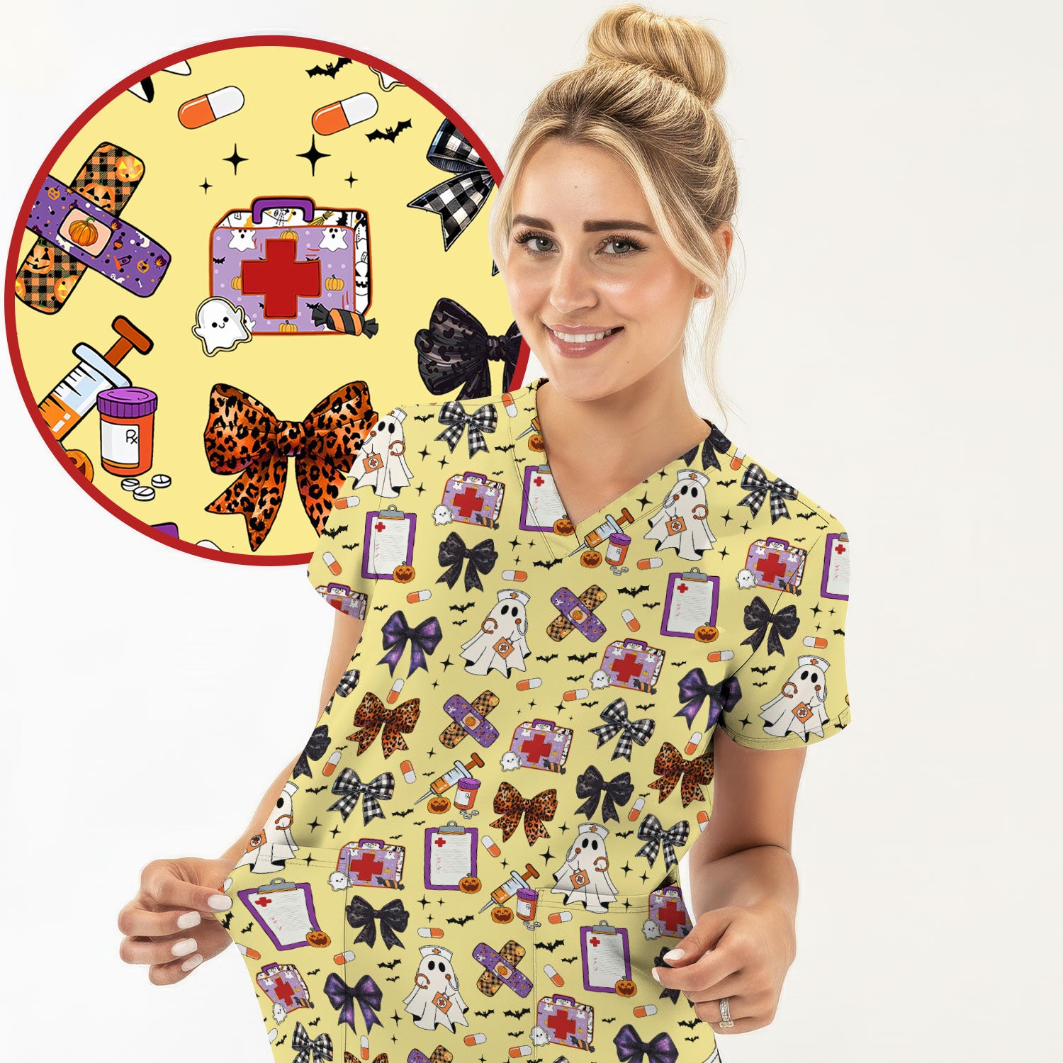 Halloween Nurse Scrub Top - Cute Ghost & Bow Medical Scrubs - Yellow Nursing Shirt with Colorful Halloween Print