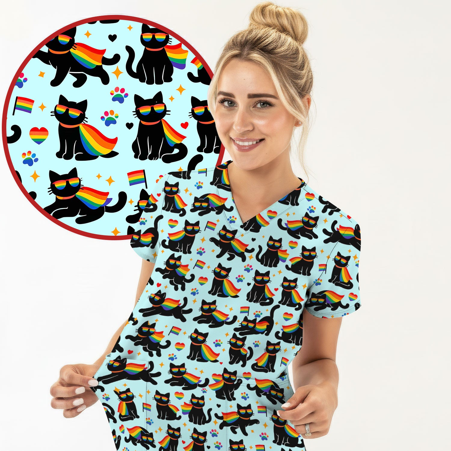 Rainbow Black Cat Pride Pattern Scrub Top, Breathable Fabrics Nursing Uniform