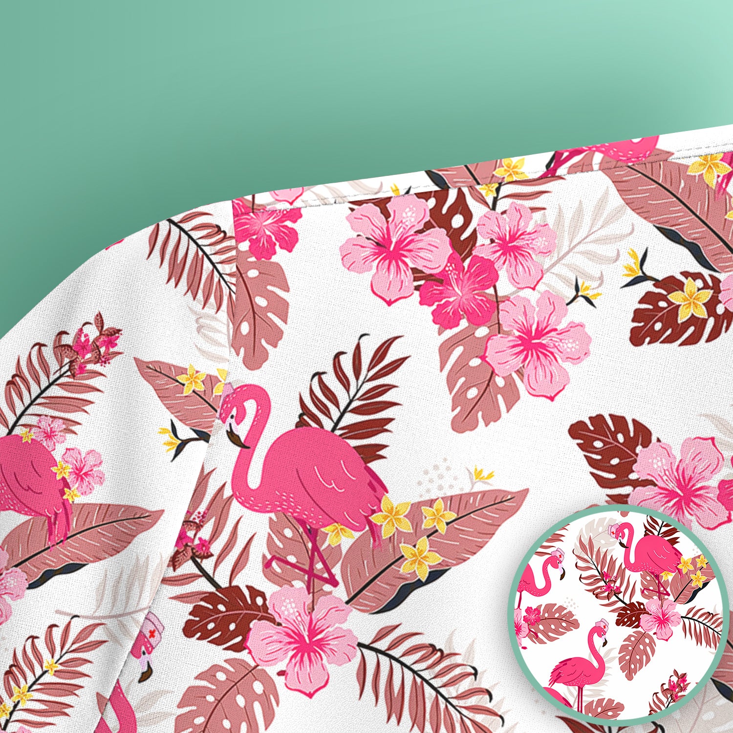 Pink Flamingo Tropical Floral Scrub Top, Breathable Fabrics Nursing Uniform