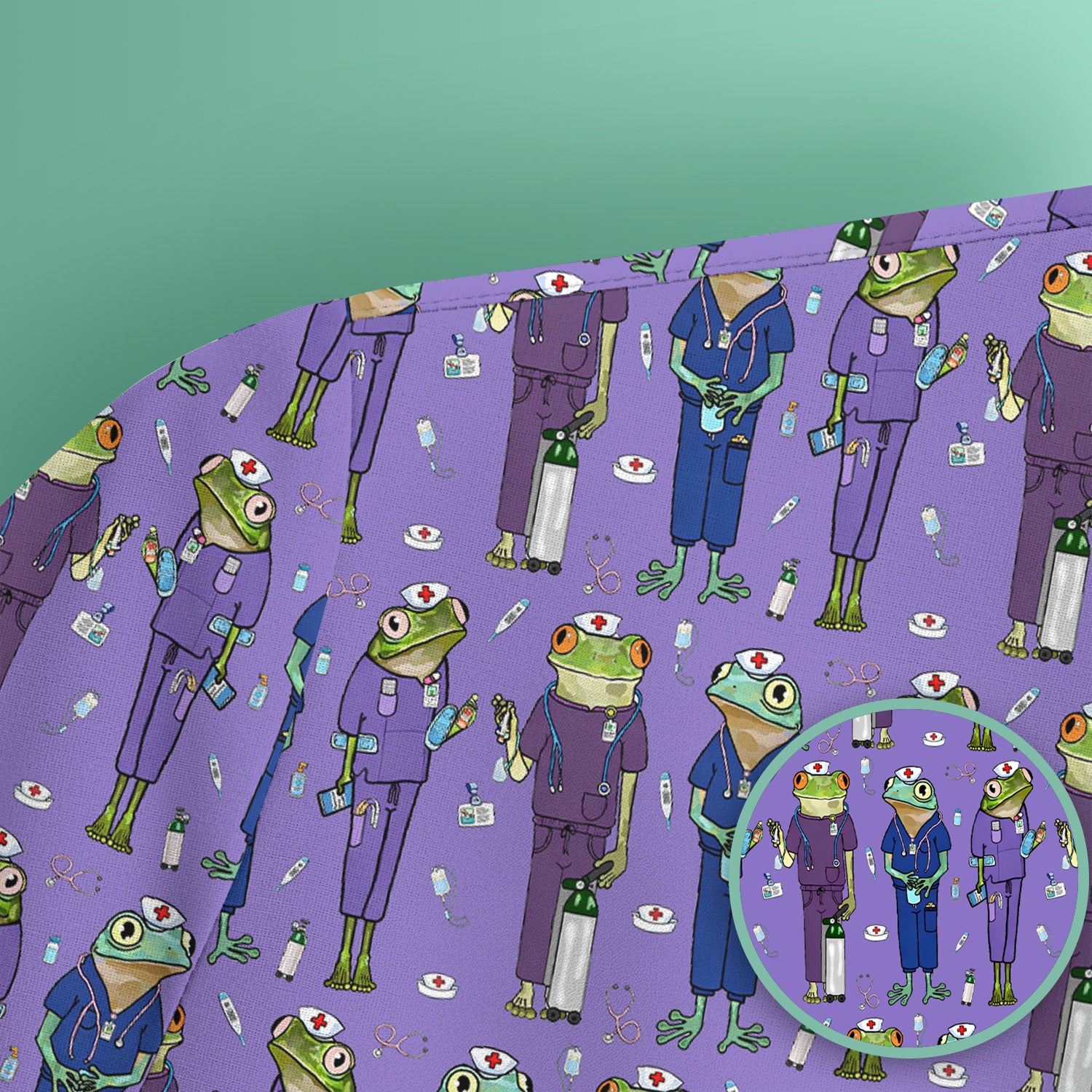 Funny Frog Nurse Pattern V Neck Scrub Top for Healthcare Workers
