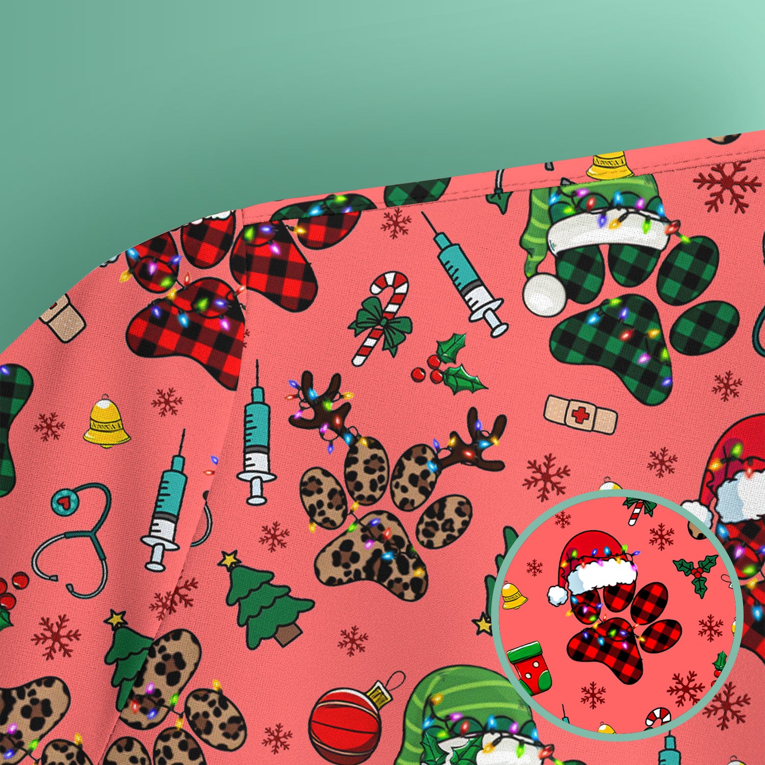 Christmas Paw Print Scrub Top for Nurses - Cute Leopard Holiday Pattern - Funny Festive Medical Uniform Gift