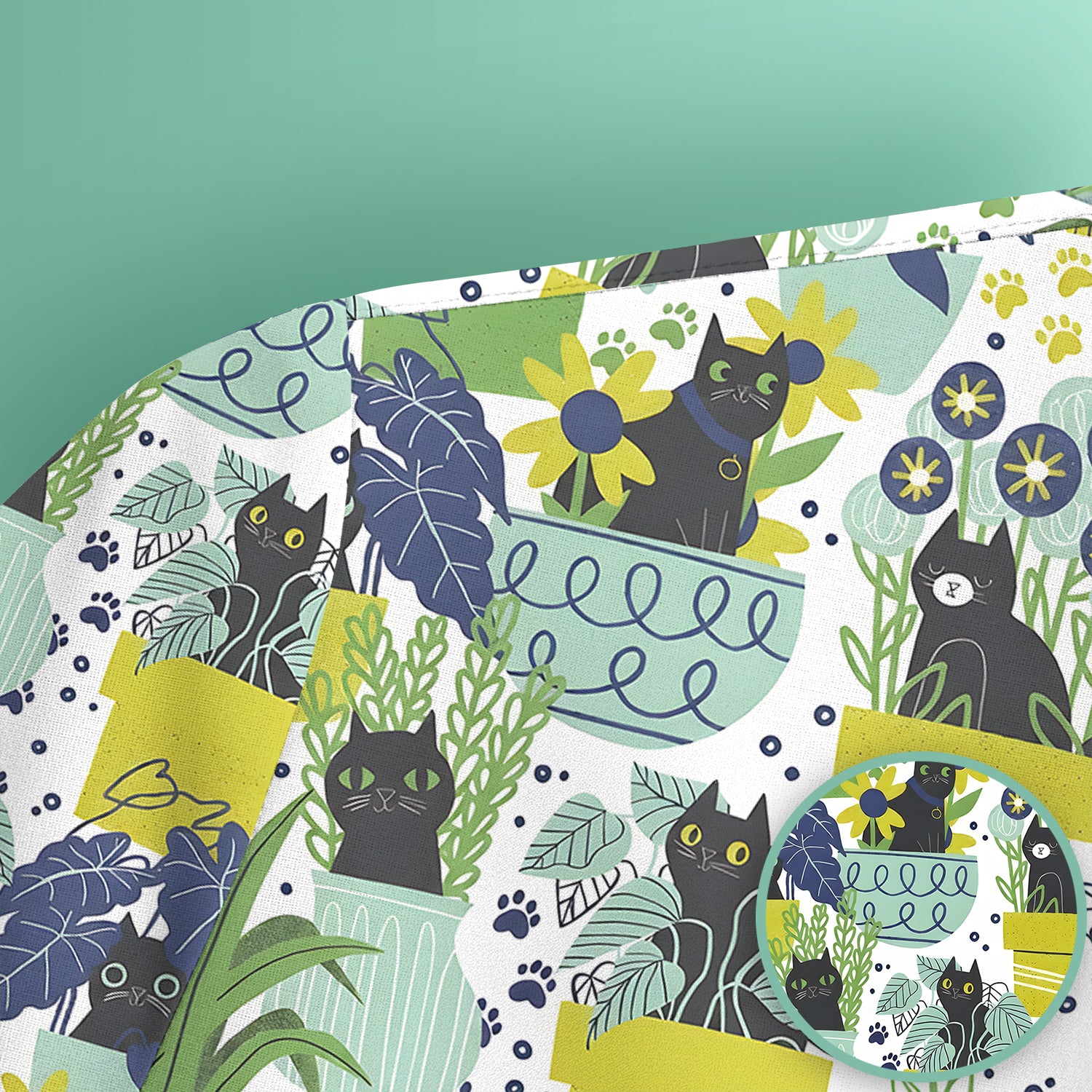 Black Cat Planter Garden Pattern Scrub Top, Comfortable Scrubs for Nurses