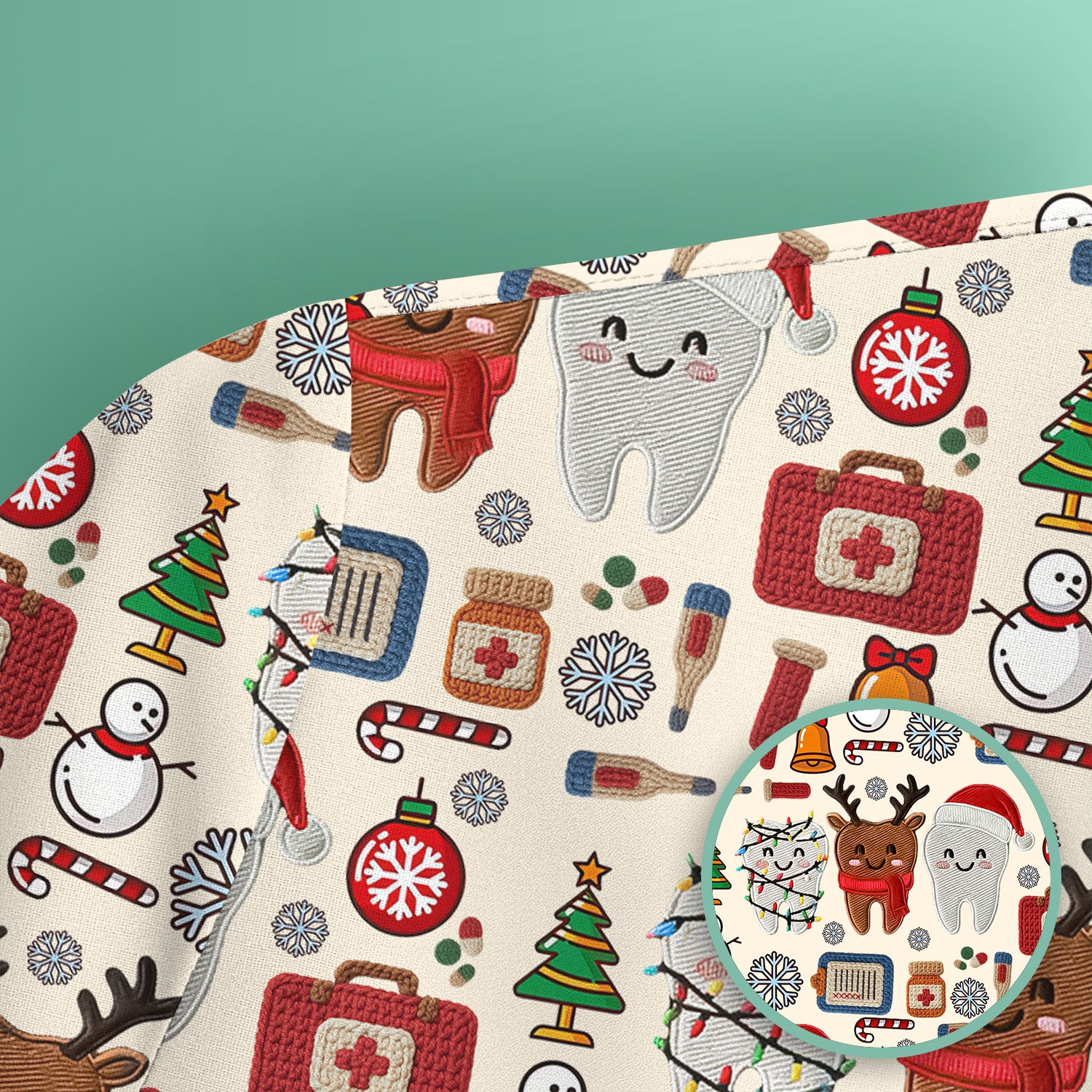 Christmas Dental Scrub Top - Cute Santa & Reindeer Tooth Shirt - Funny Holiday Medical Uniform for Dentists, Hygienists & Nurses