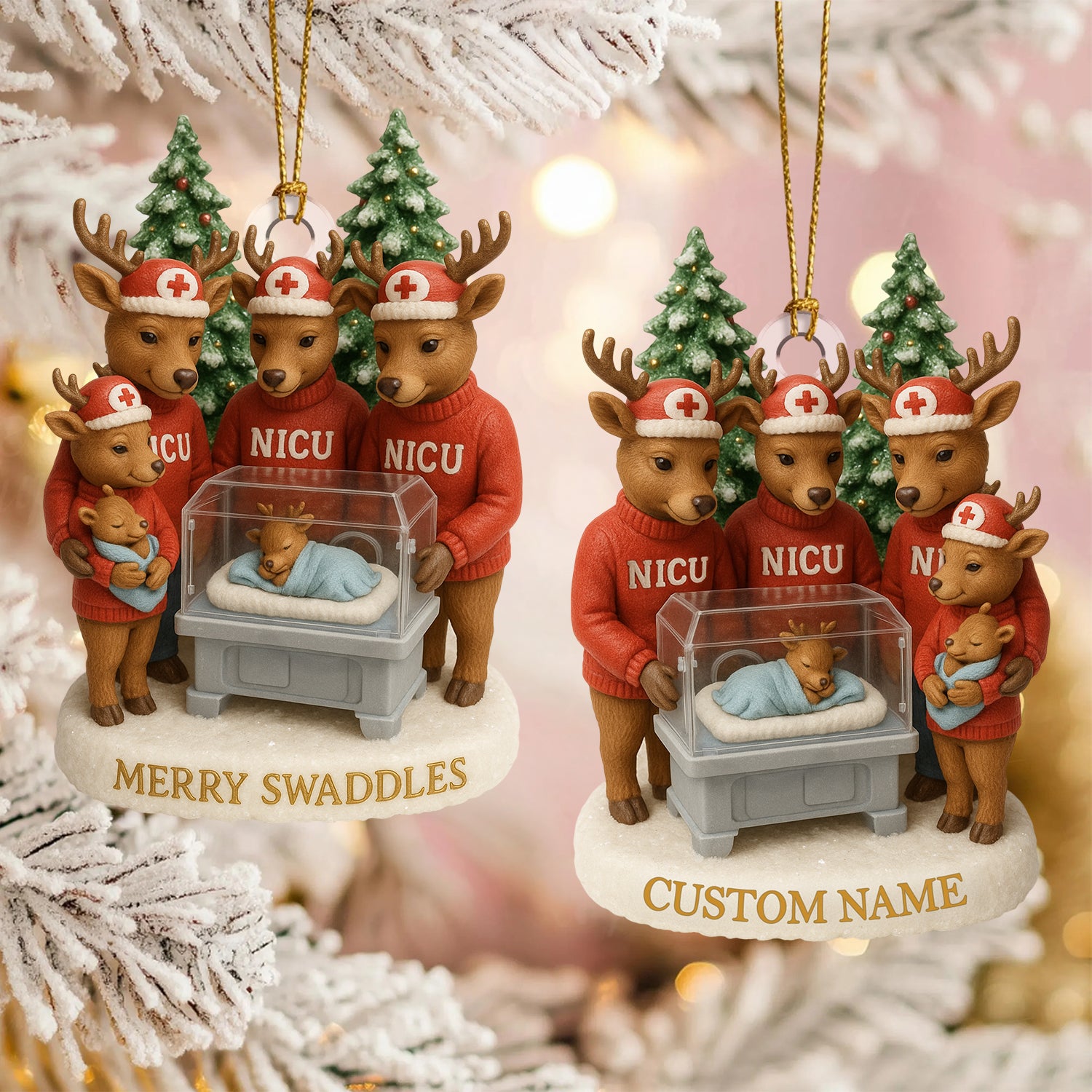 Personalized NICU Christmas Ornament – Custom Name Reindeer Nurse & Baby Deer Incubator Decoration – Cute Neonatal Holiday Gift for Healthcare Workers