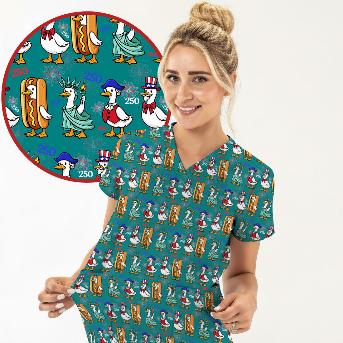 Patriotic Duck Independence Day Pattern Scrub Top, Breathable Healthcare Uniform Top