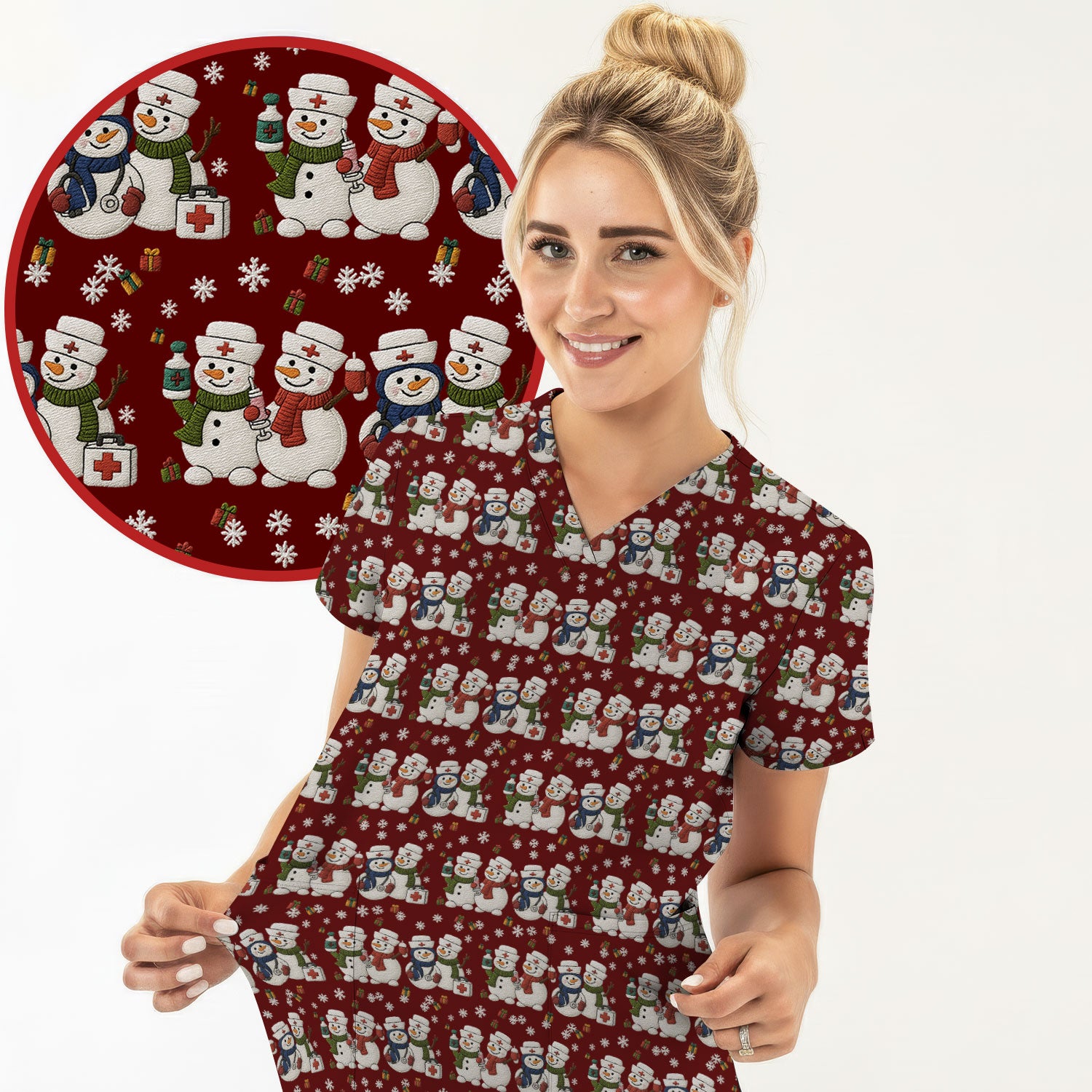Cute Christmas Snowman Nurse Pattern Scrub Top, Breathable Fabrics Nursing Uniform