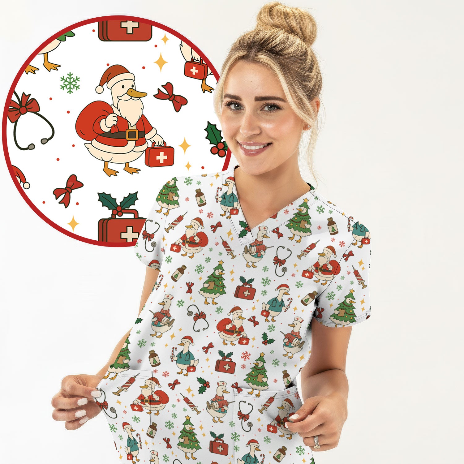 Christmas Duck Nurse Scrub Top for Women - Cute Santa Claus Pattern - Funny Holiday Nursing Shirt Gift for RN LPN CNA