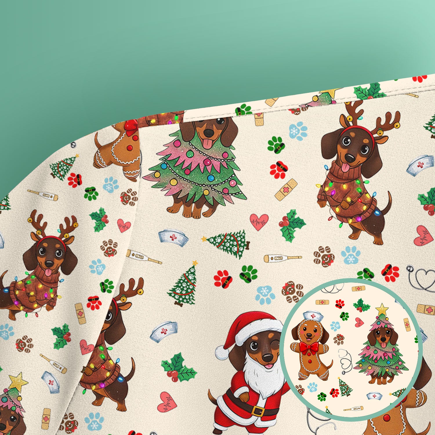 Wiener Dog Christmas Scrub Top – Funny Dachshund Pattern Medical Shirt – Festive Holiday Uniform for RN, LPN, CNA, and Vet Techs