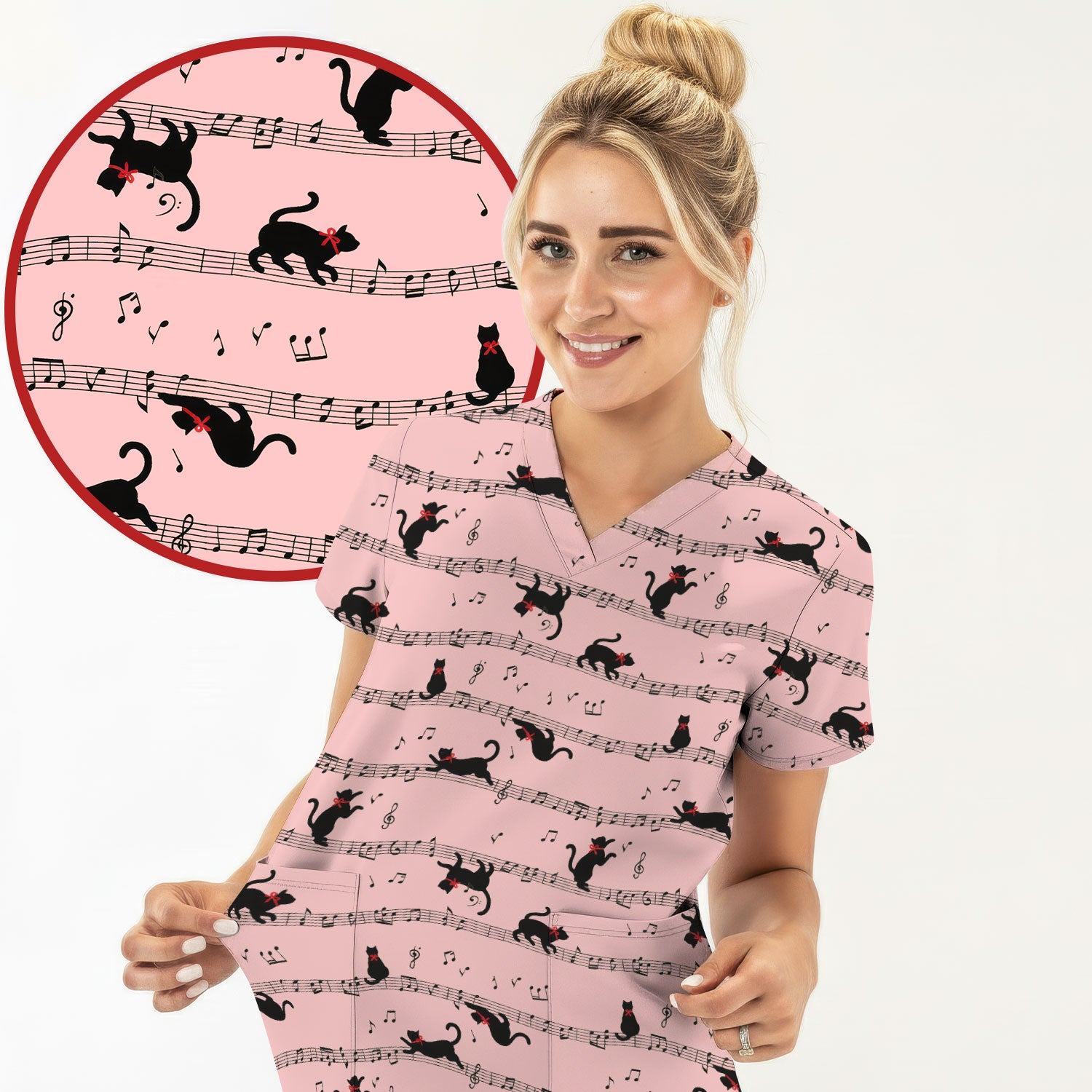 Cute Dancing Black Cat Music Staff Pattern Scrub Top, Comfortable Scrubs for Nurses