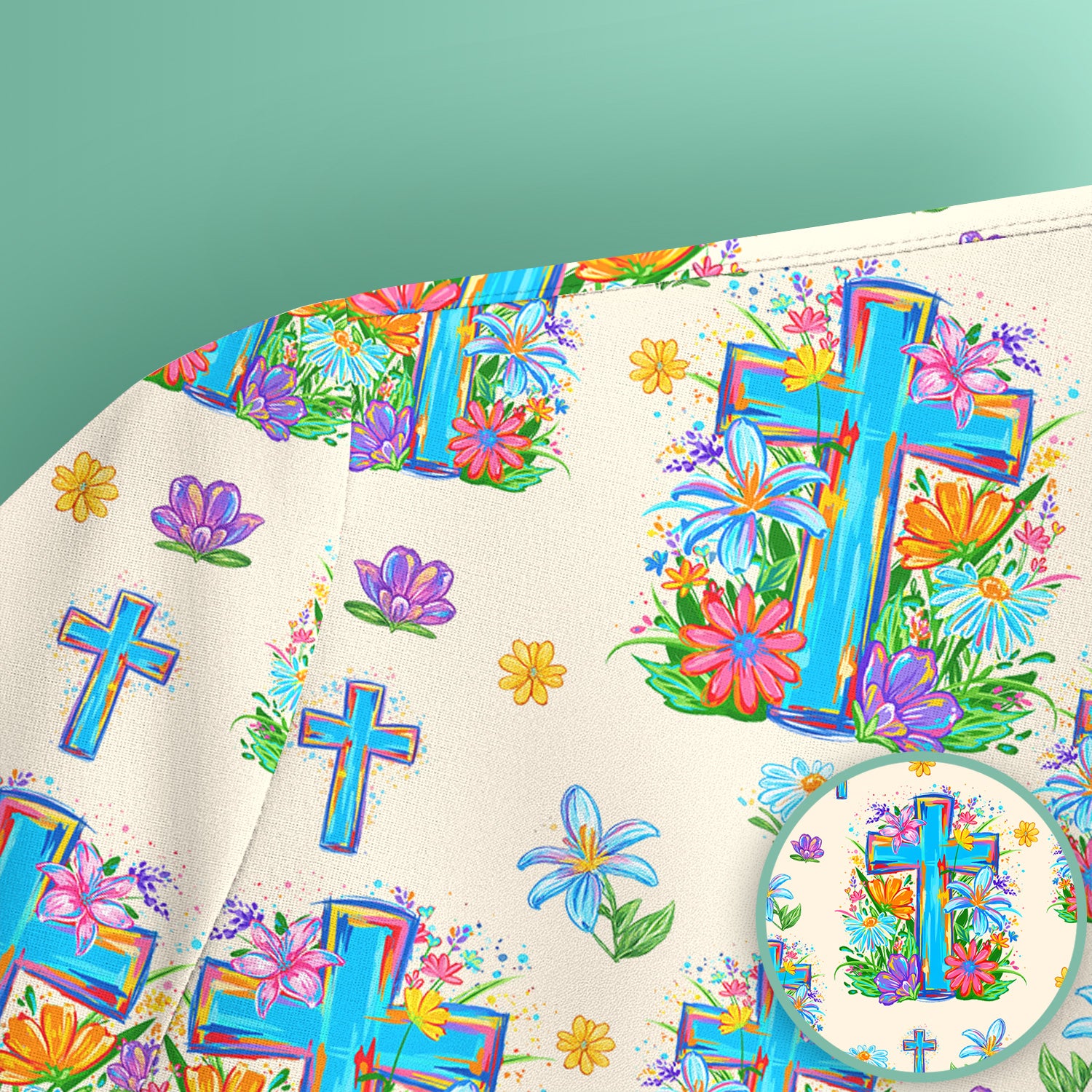 Christian Floral Cross Spring Pattern Scrub Top, Comfortable Scrubs for Nurses