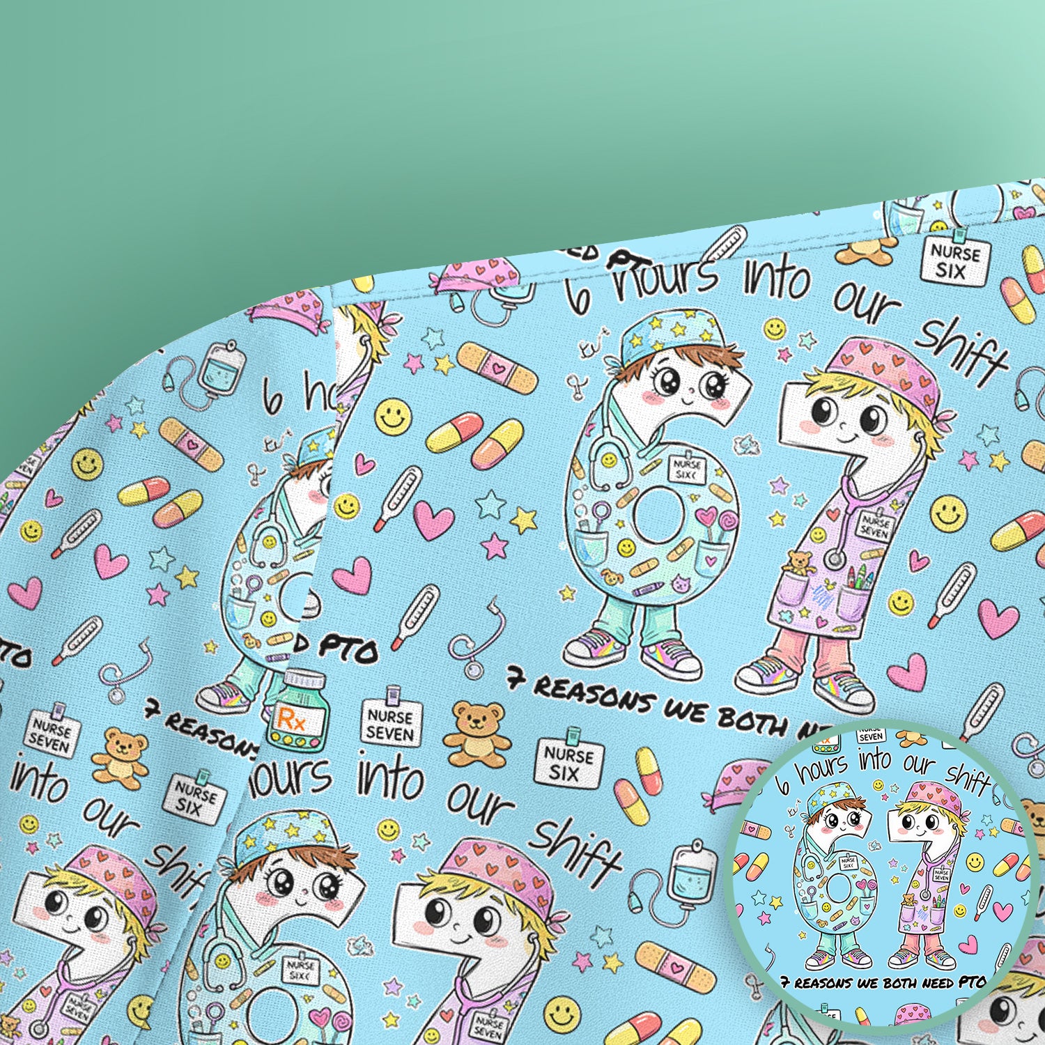 Cartoon Characters Six Hours Into Shift With Medical Doodle Scrub Top, Breathable Fabrics Nursing Uniform