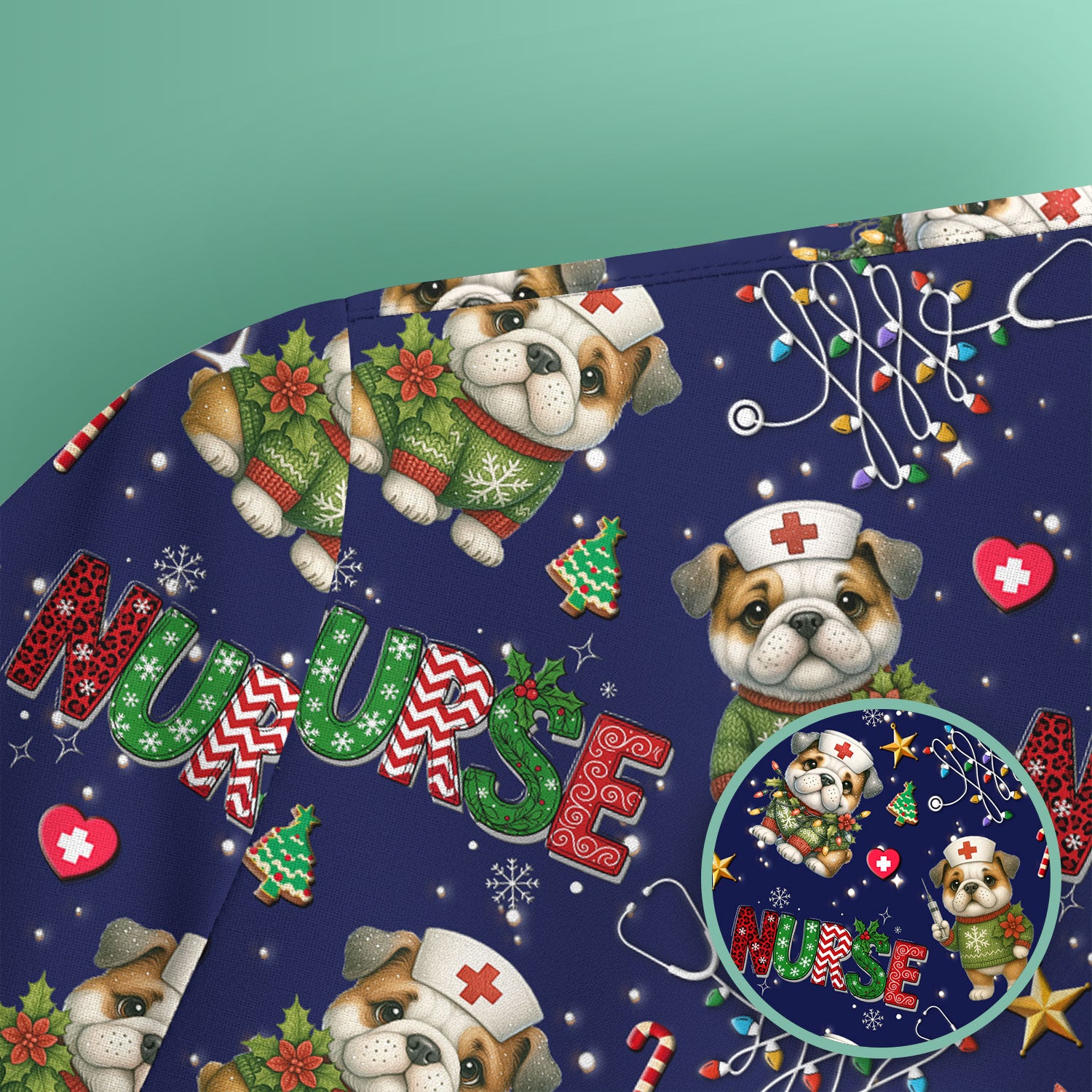 Bulldog Christmas Nurse Scrub Top - Funny Dog Scrub Shirt - Cute Holiday Medical Uniform for Women RN LPN CNA Gift