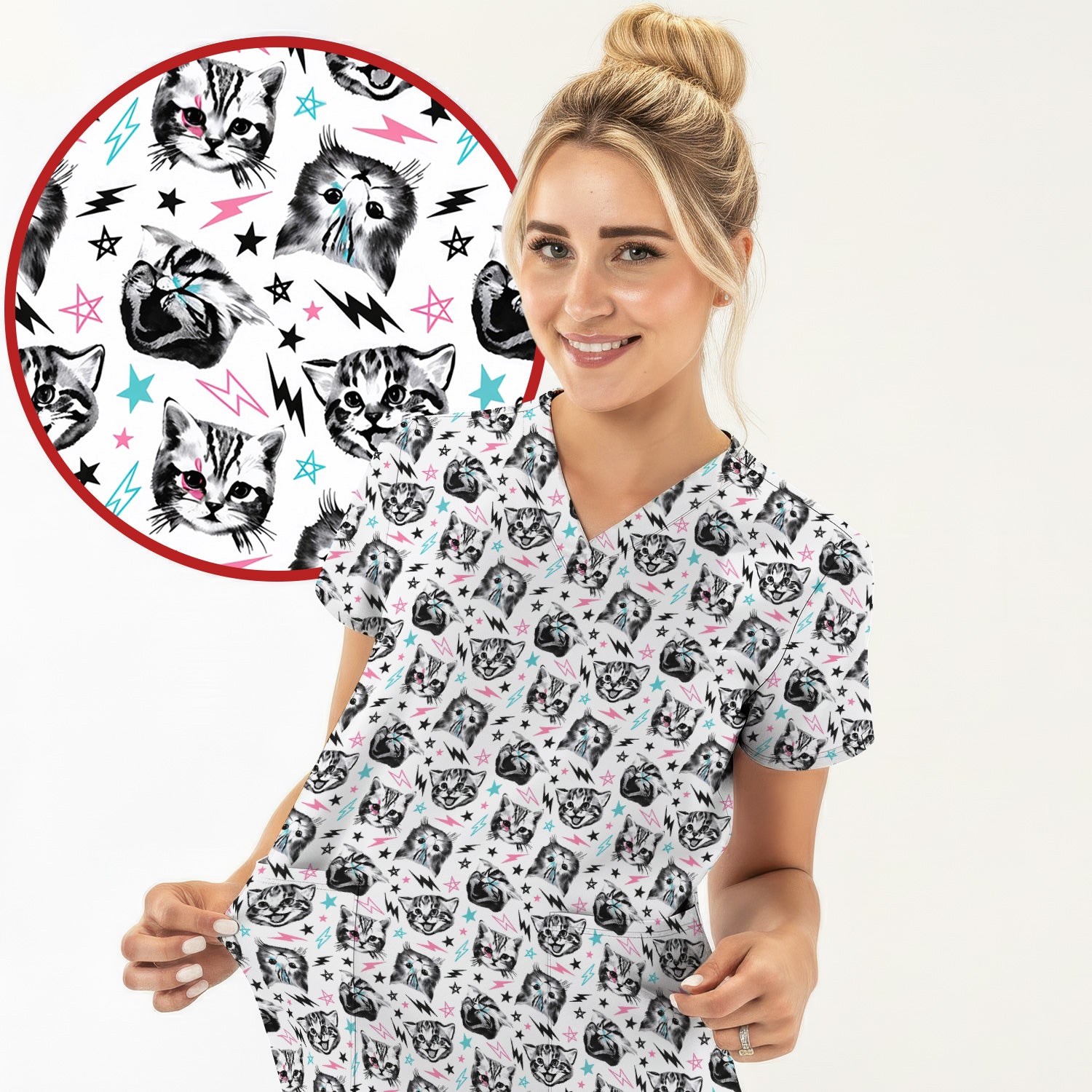 Playful Cat Faces Lightning Pattern Scrub Top, Comfortable Scrubs for Nurses