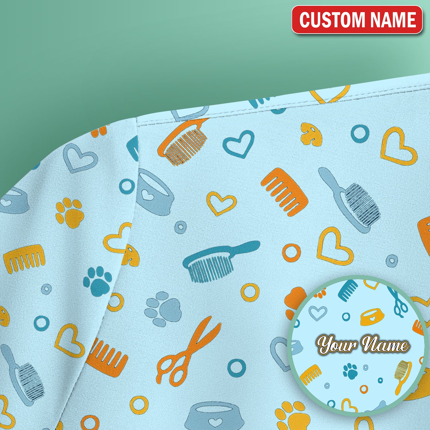 Custom Name Dog Cat Grooming Pattern Scrub Top, Breathable Fabrics Nursing Uniform