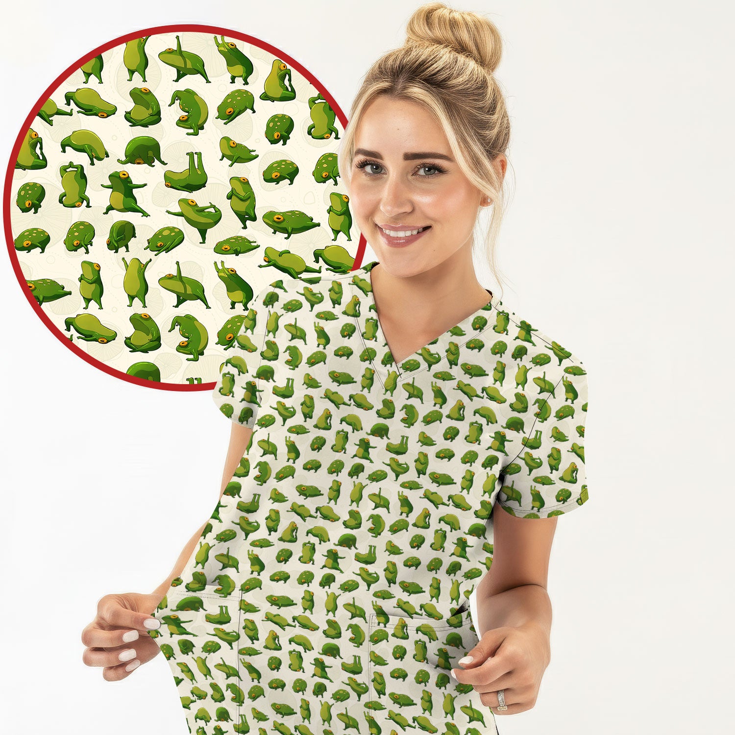 Cute Frog Cartoon Pattern Scrub Top, Comfortable Scrubs for Nurses
