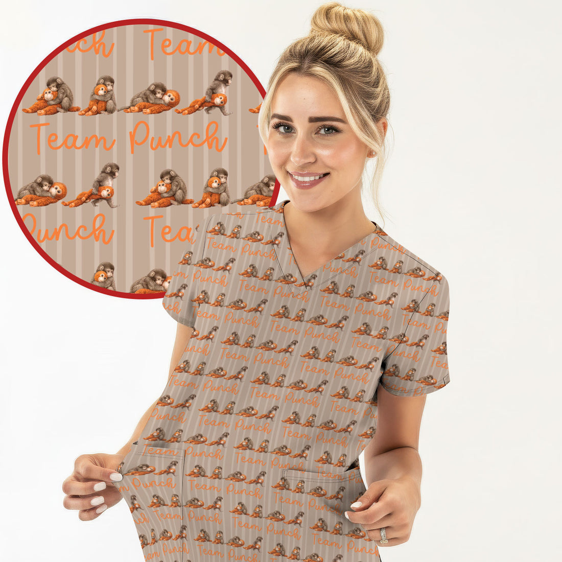 Funny Monkey Team Punch Scrub Top, Breathable Fabrics Nursing Uniform