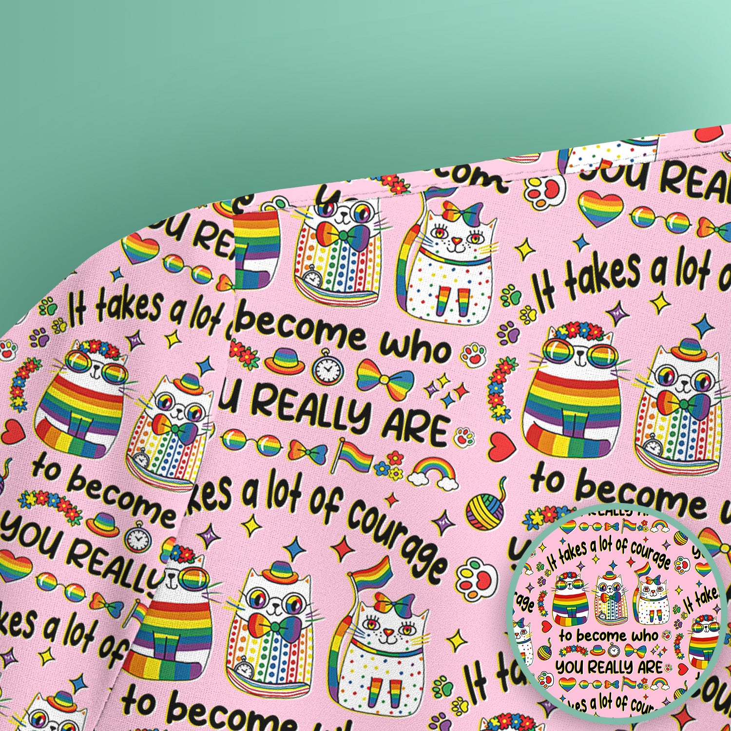 Inspirational Nurse Rainbow Cat Courage Quote Pattern Scrub Top, Breathable Fabrics Nursing Uniform